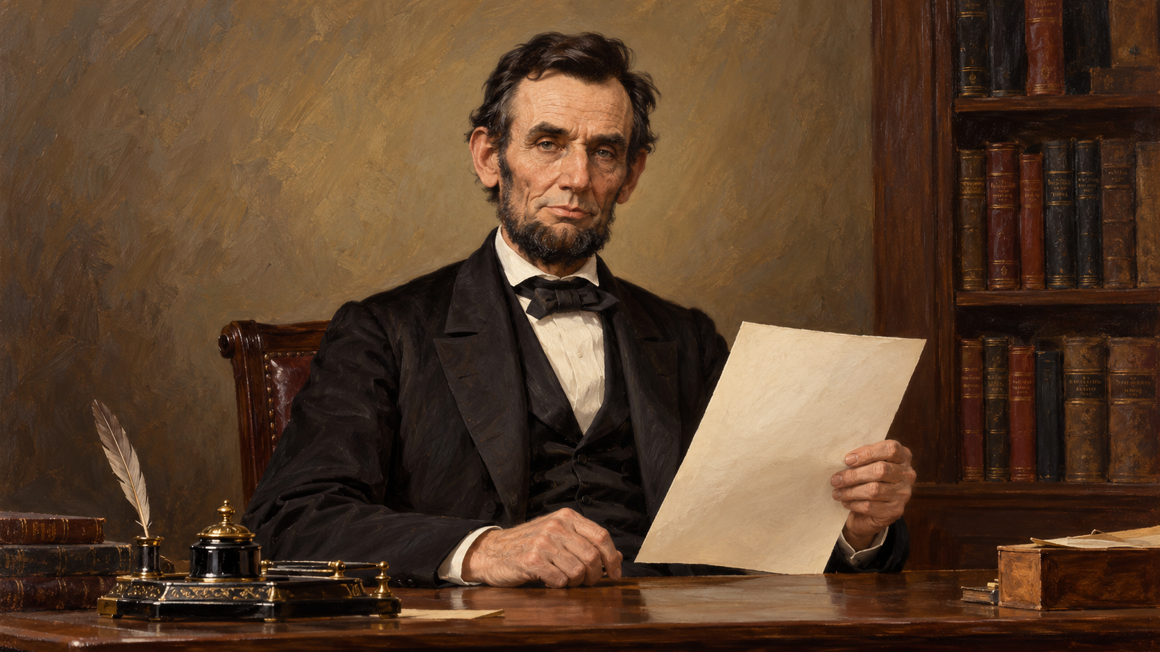 Editorial illustration of Abraham Lincoln holding a document representing the Emancipation Proclamation.