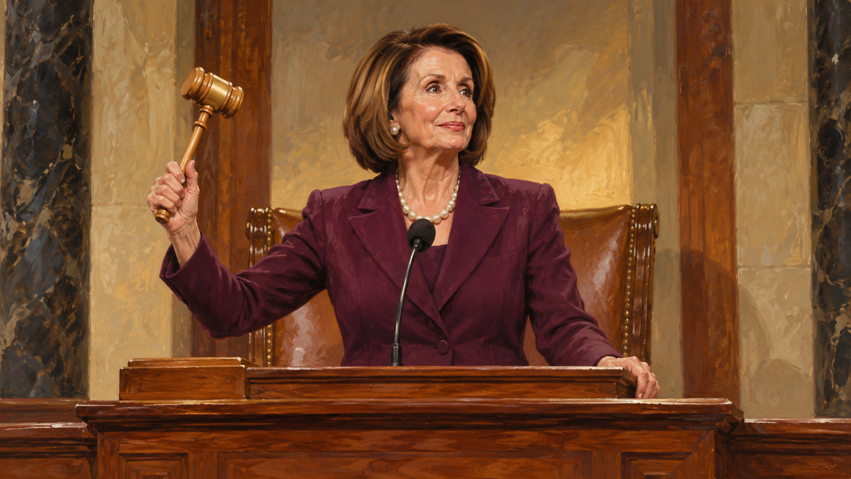 Editorial illustration of Nancy Pelosi holding the Speaker’s gavel at the House rostrum.