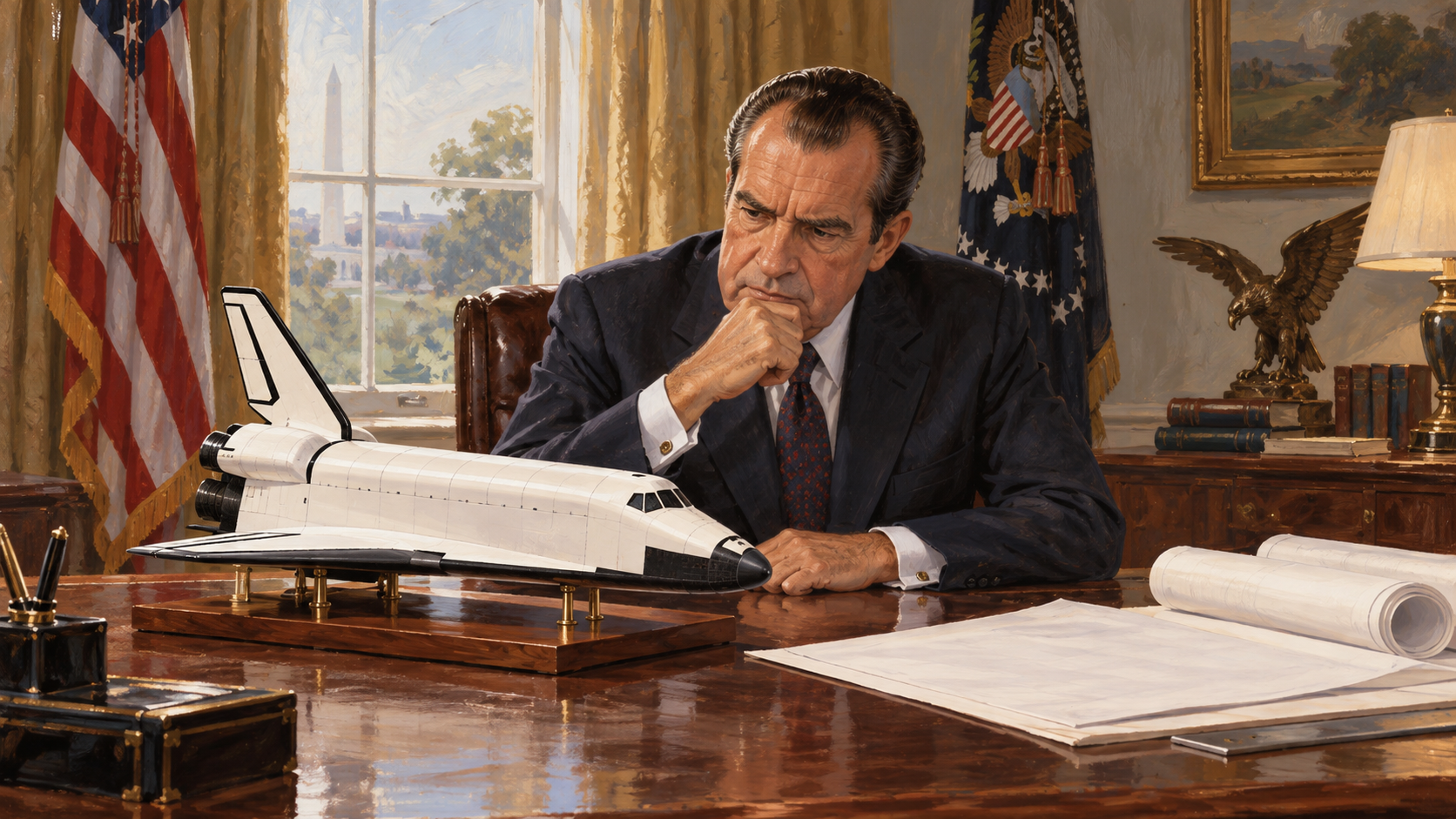 Editorial illustration of Richard Nixon studying a Space Shuttle model beside planning papers.