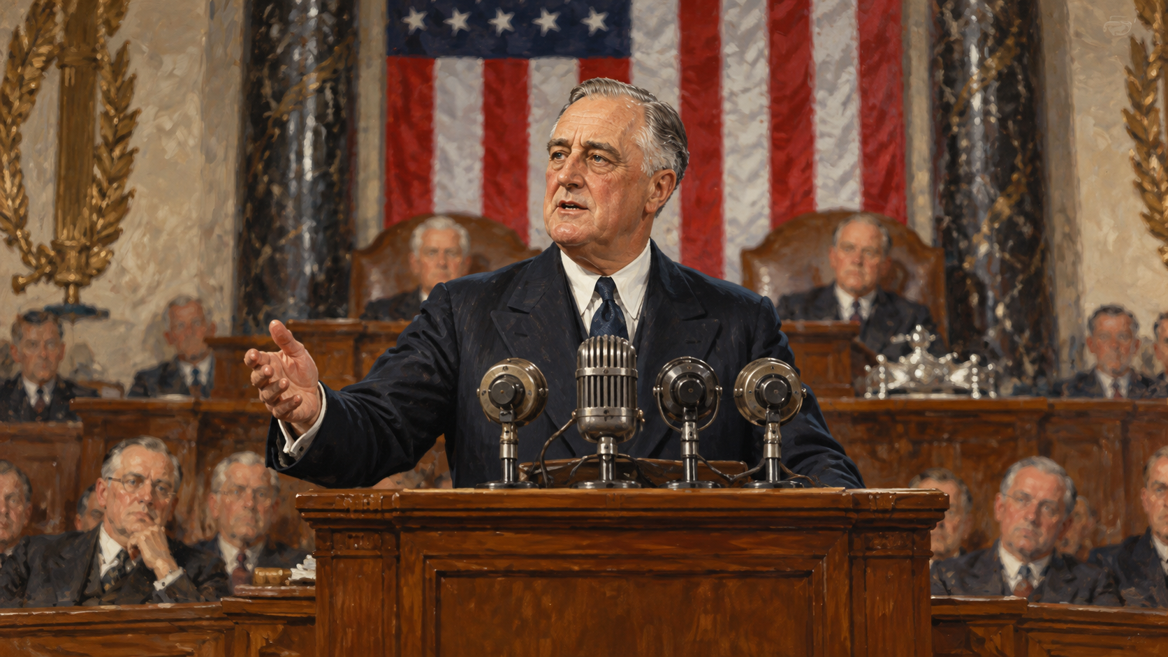 Editorial illustration of Franklin D. Roosevelt delivering his Four Freedoms address at a congressional lectern.
