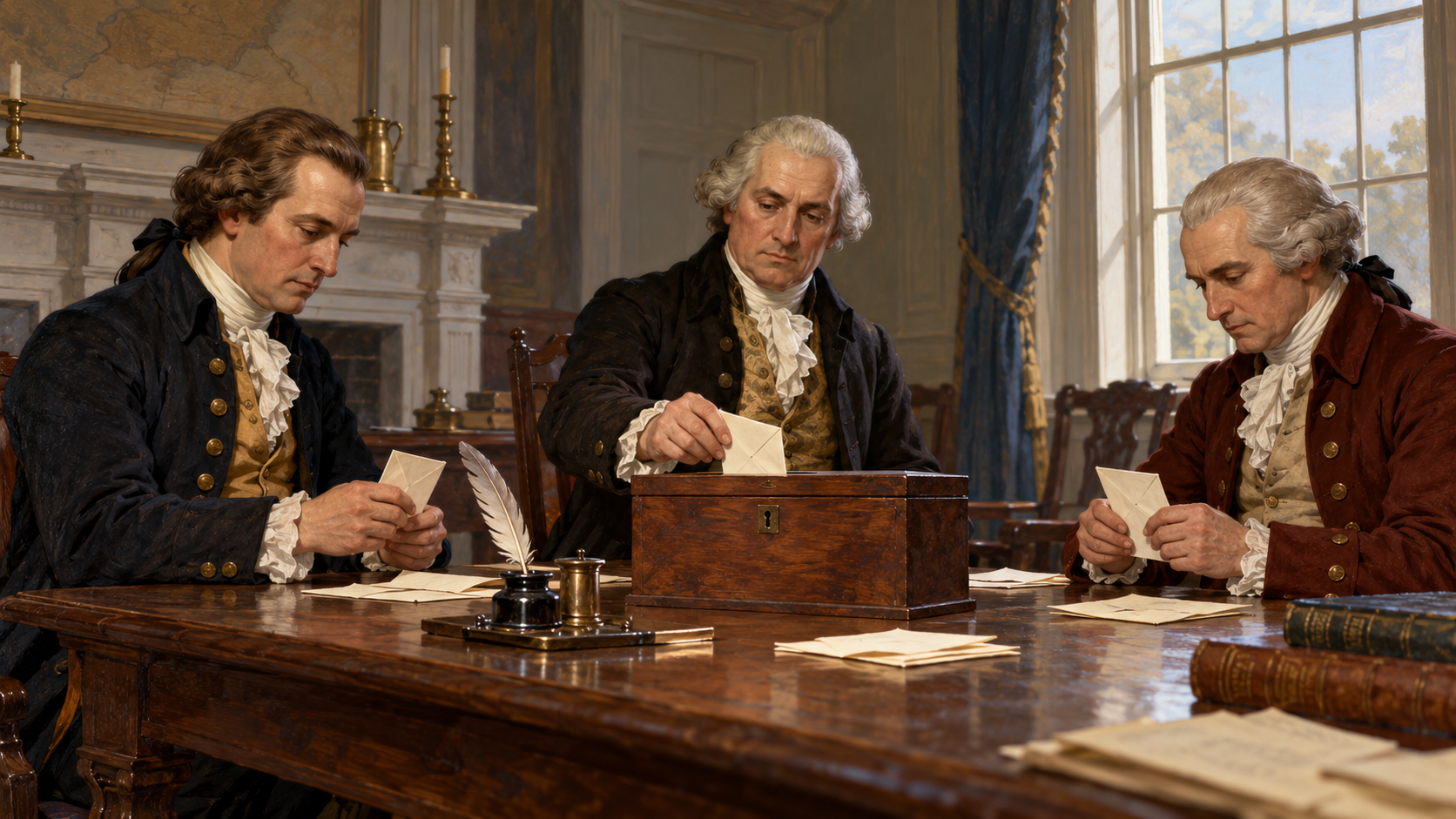 Editorial illustration of eighteenth-century electors handling folded ballots at a wooden table.