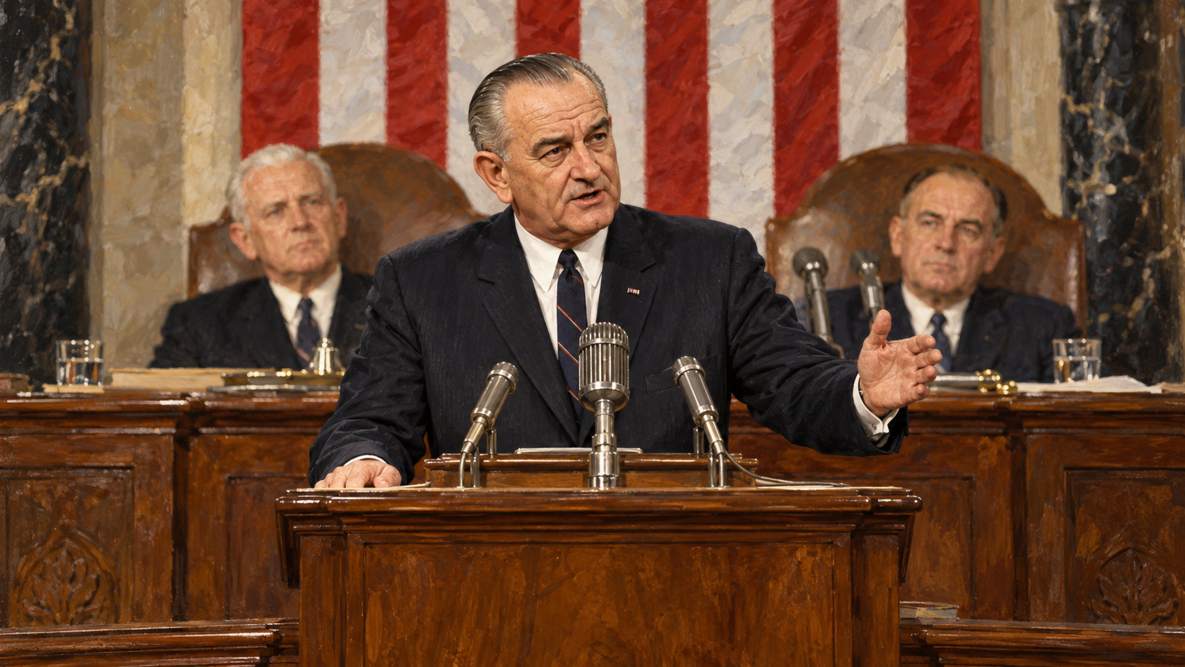 Editorial illustration of Lyndon B. Johnson speaking from the congressional rostrum about the War on Poverty.