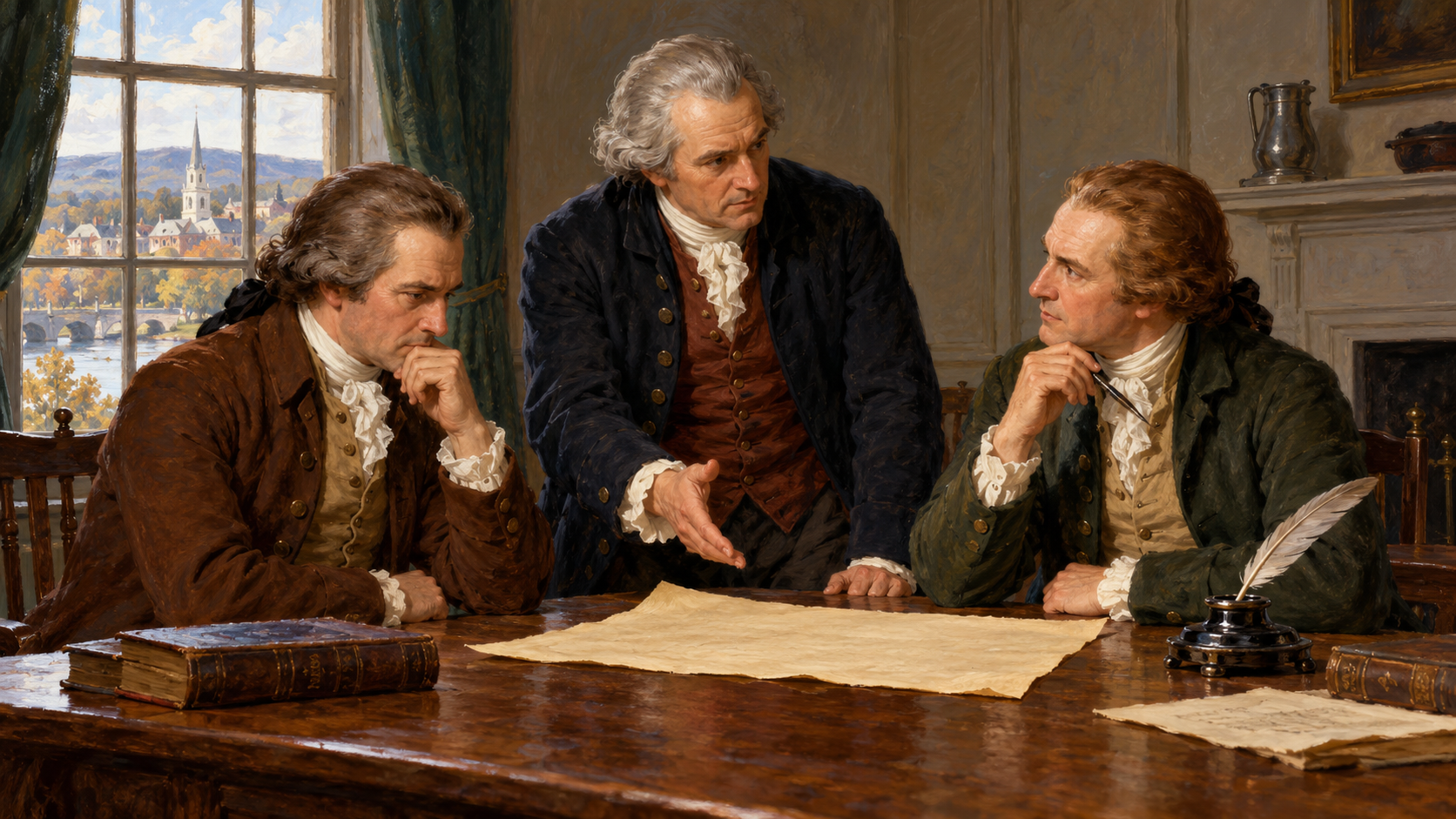 Editorial illustration of Connecticut delegates discussing a parchment representing the Constitution in 1788.