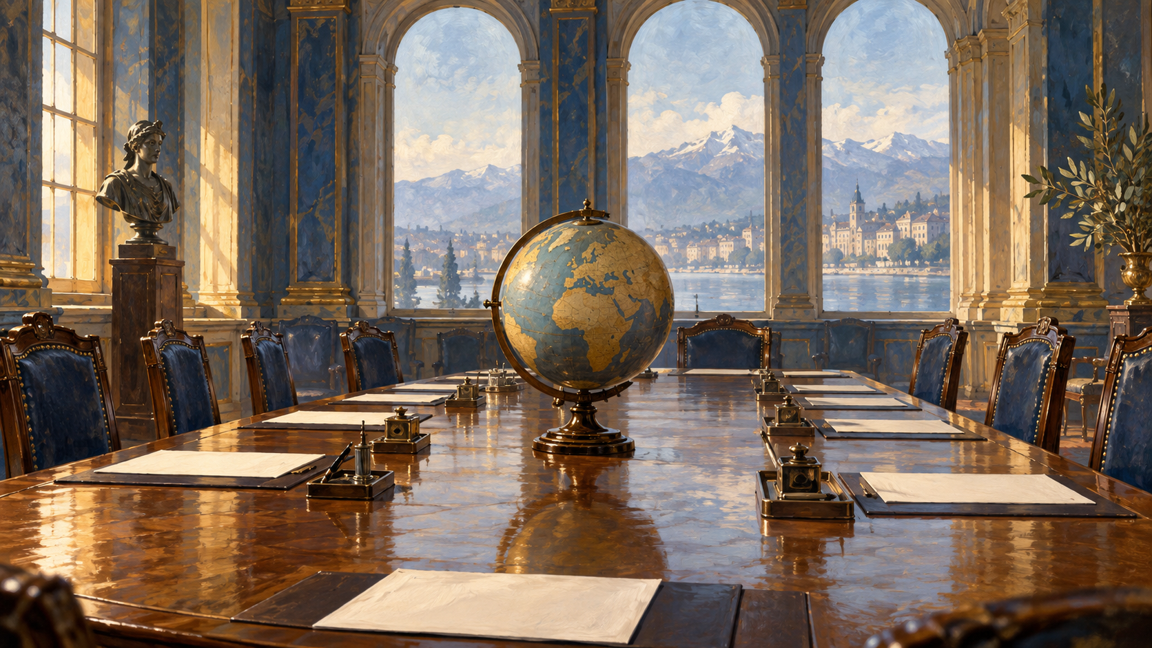Editorial illustration of a globe and treaty papers on a diplomatic council table representing the League of Nations.