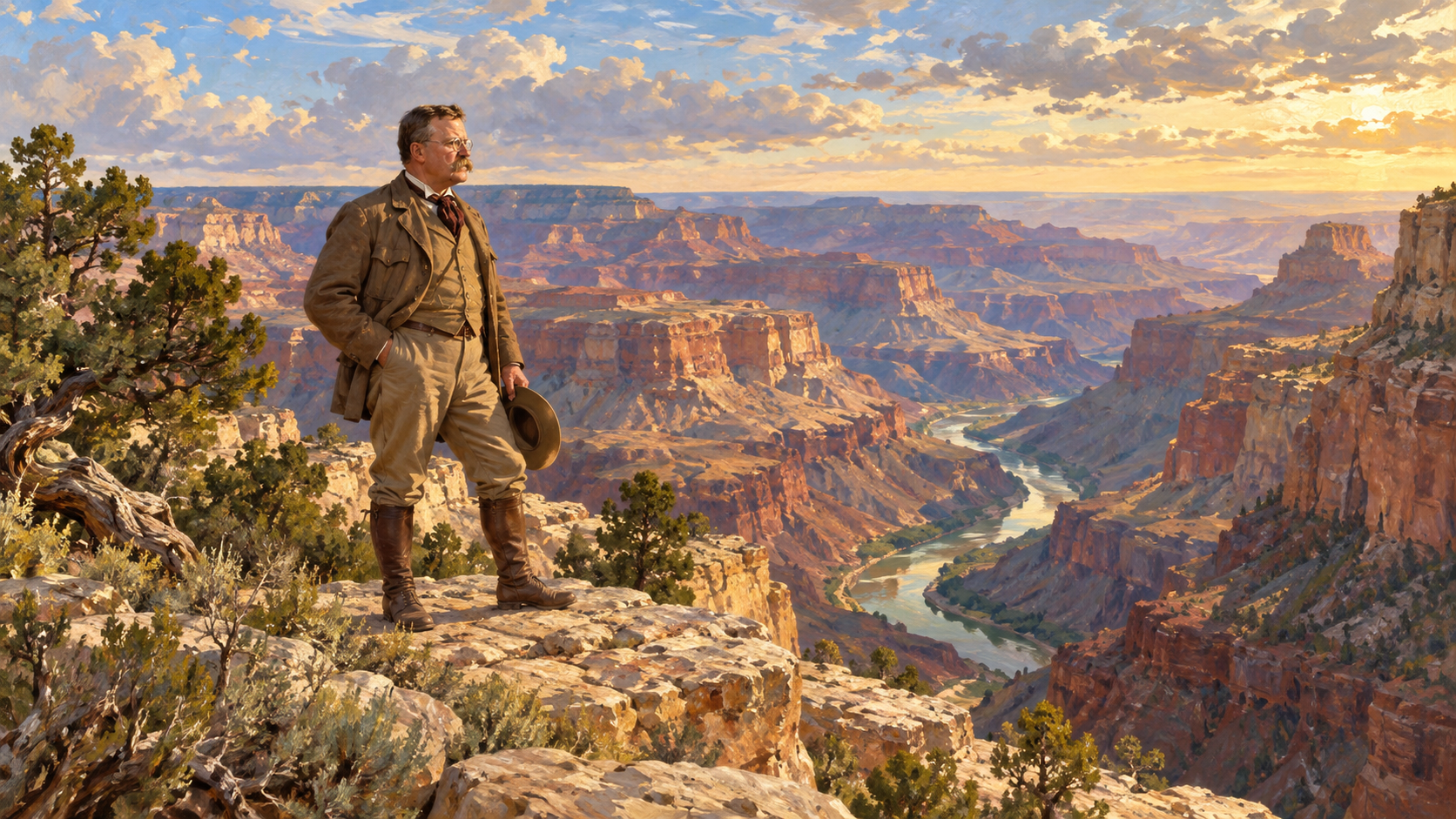Editorial illustration of Theodore Roosevelt overlooking the layered cliffs and river of the Grand Canyon.