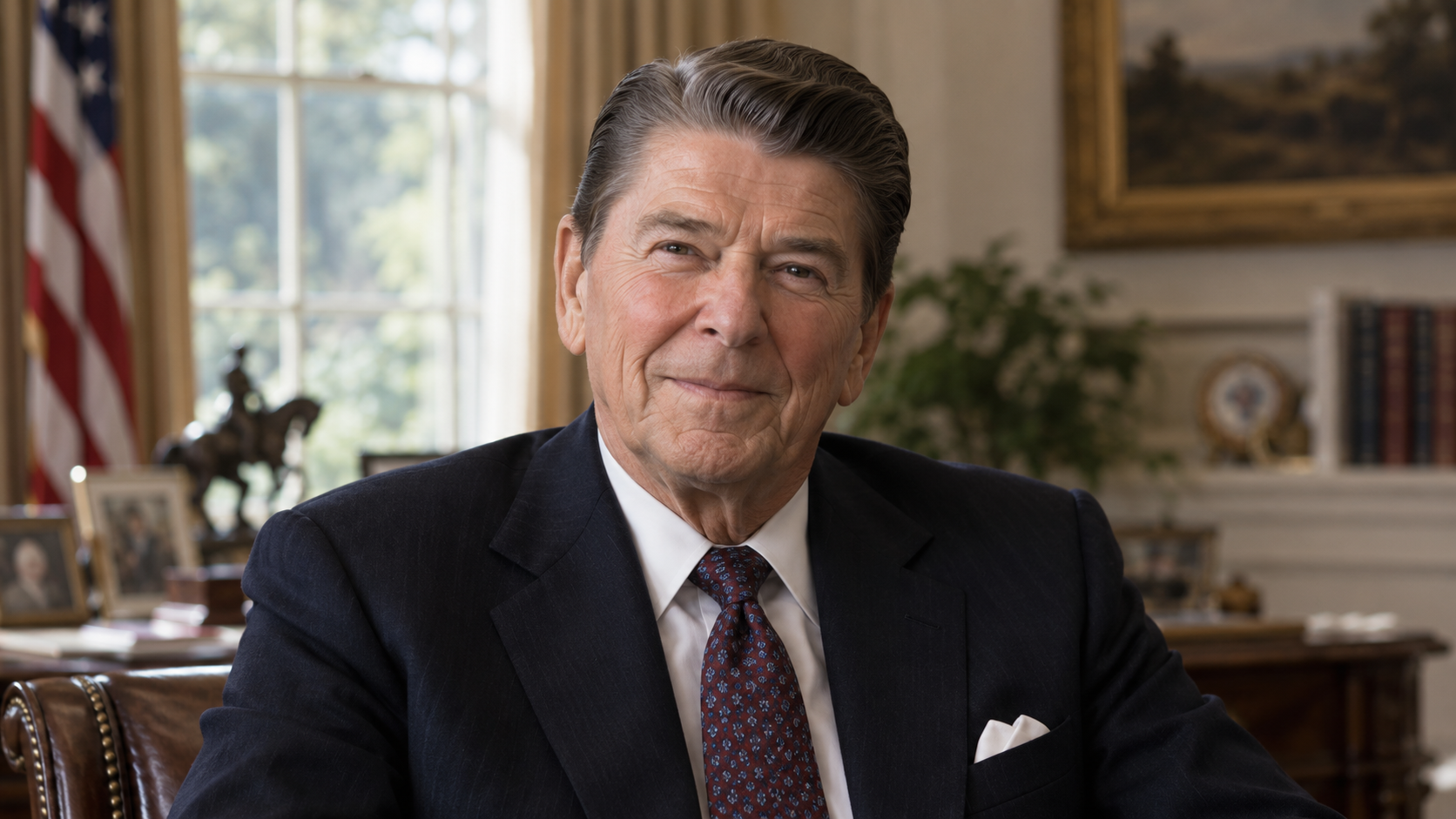 Realistic editorial recreation of Ronald Reagan, 1988, in period-appropriate clothing in a quiet study.