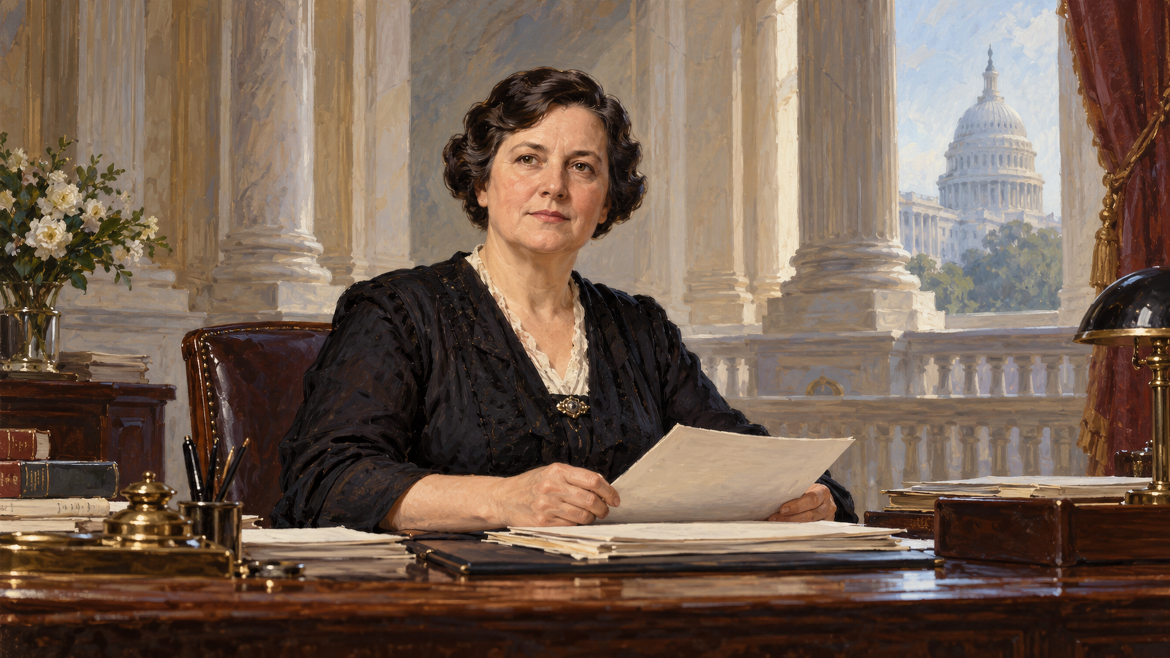 Editorial portrait of Senator Hattie Wyatt Caraway seated at a desk with papers.