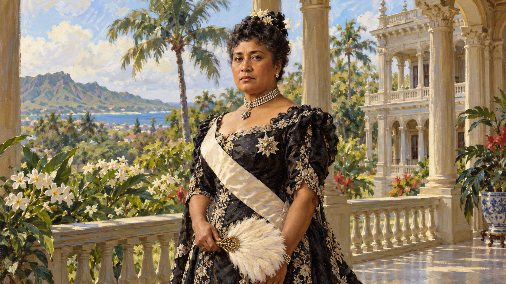 Editorial portrait of Queen Liliuokalani in royal dress with a Hawaiian palace and tropical garden behind her.