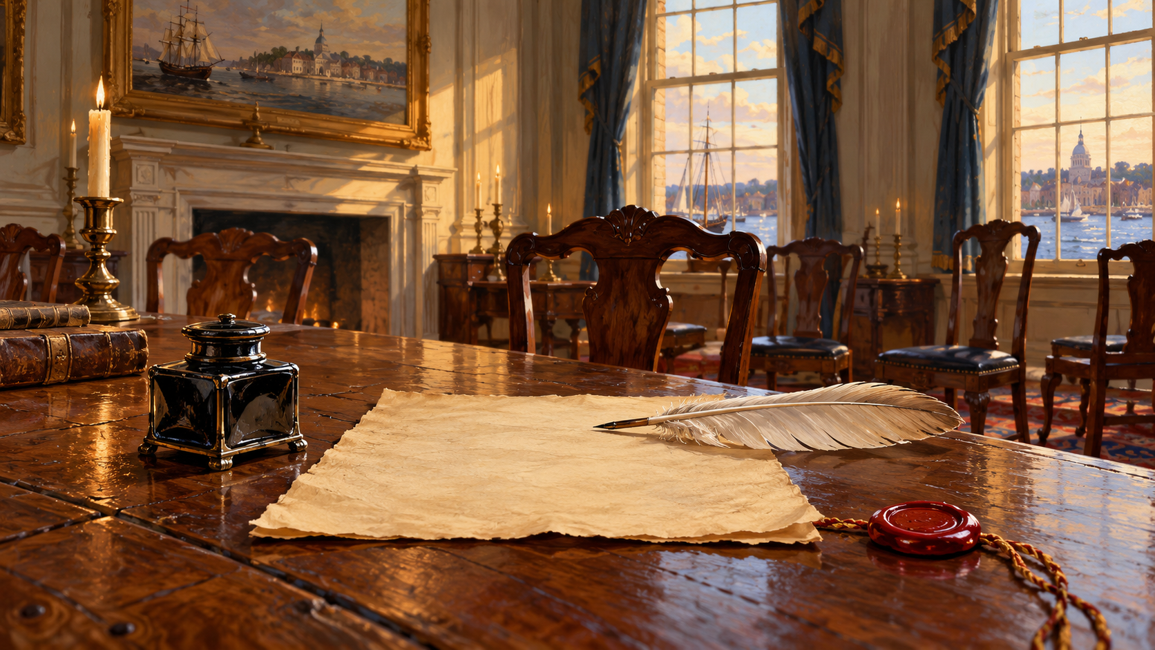 Editorial illustration of a parchment, quill and wax seal representing ratification of the Treaty of Paris.