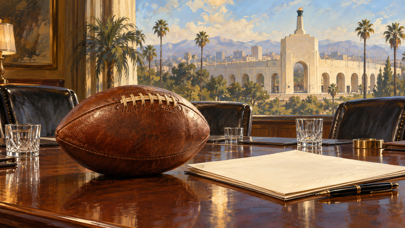 Editorial illustration of a vintage football and agreement papers with the Los Angeles Memorial Coliseum behind.