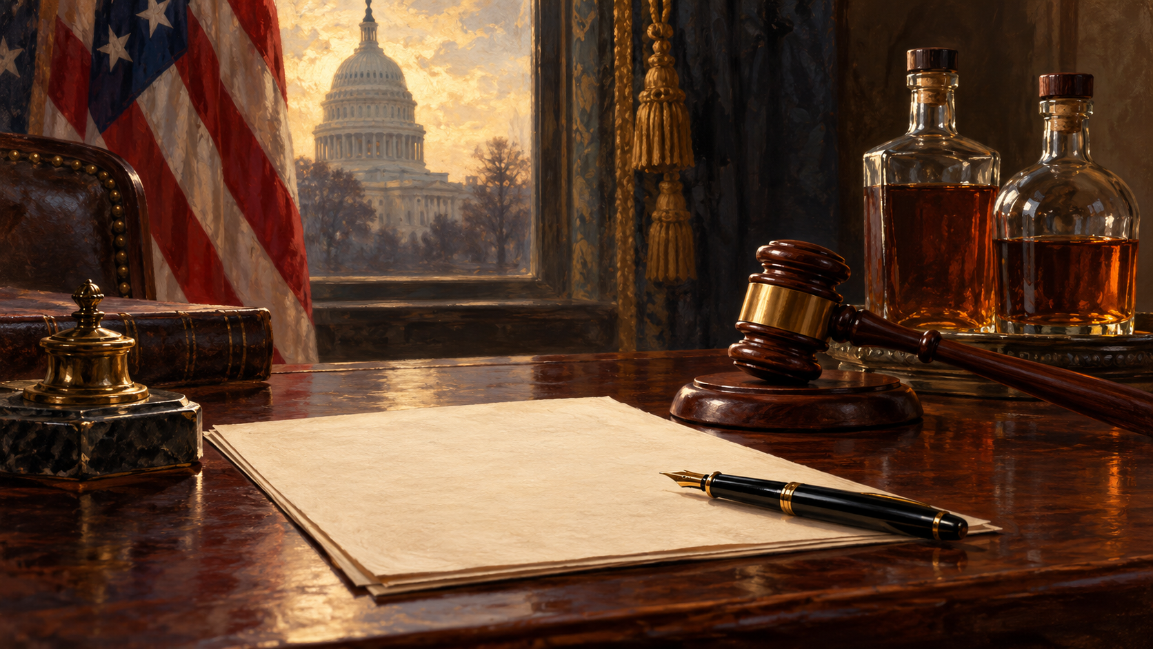Editorial illustration of legal papers, a gavel and liquor bottles representing Prohibition legislation.