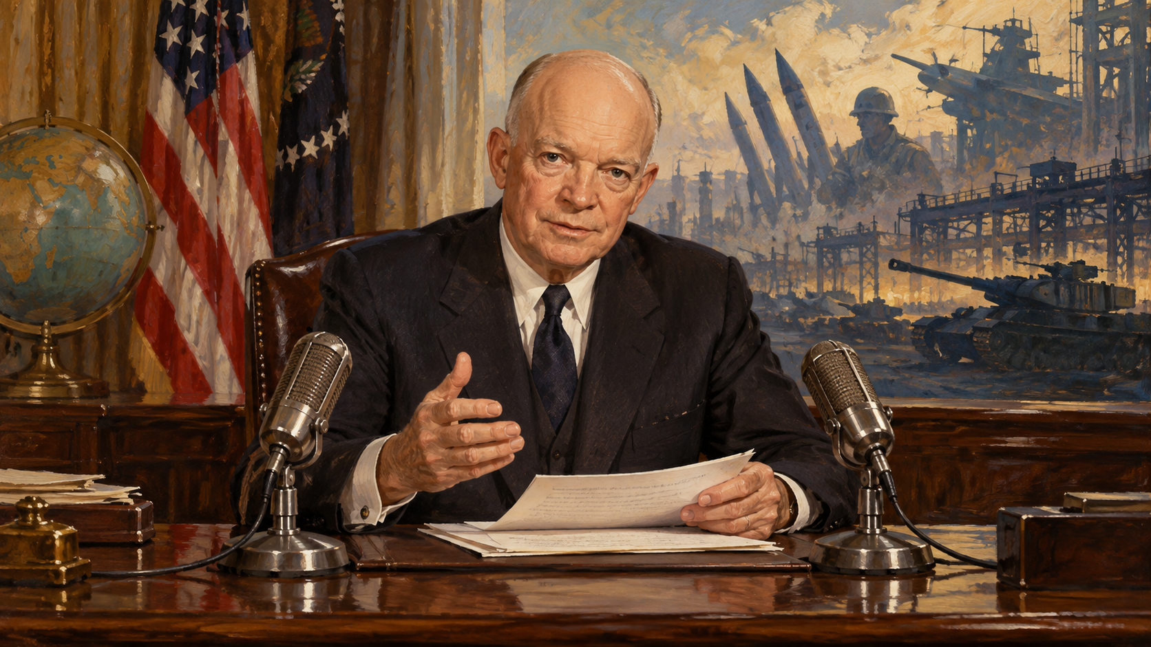 Editorial illustration of Dwight D. Eisenhower delivering a televised farewell address with symbolic military industry behind him.