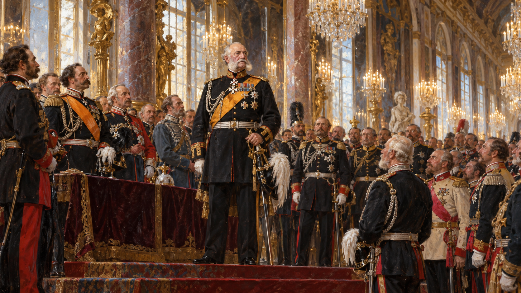 Editorial illustration of Wilhelm I and Prussian officers in the Hall of Mirrors during German unification in 1871.