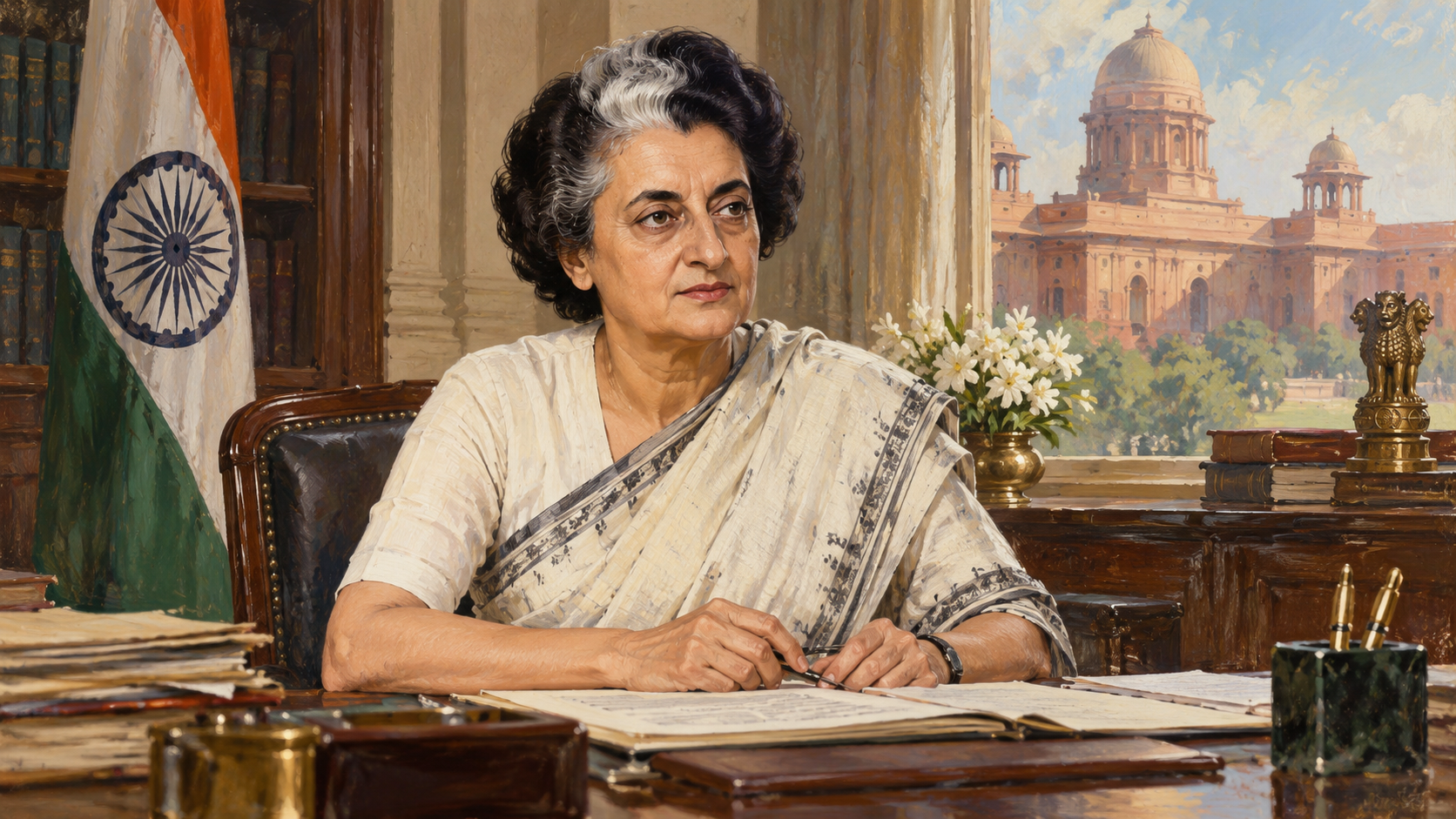Editorial portrait of Indira Gandhi wearing a simple sari in an Indian government office.