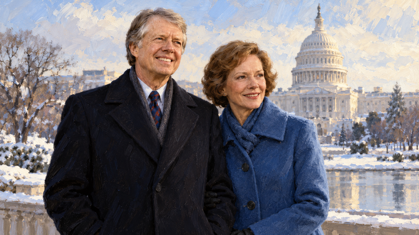 Editorial illustration of Jimmy and Rosalynn Carter in winter coats before the U.S. Capitol.