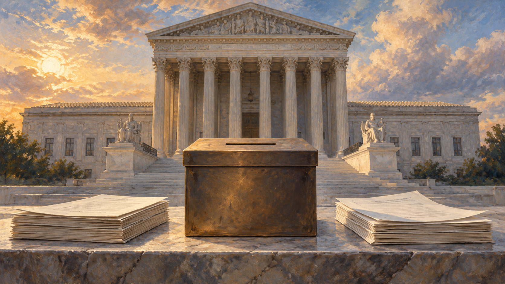 Editorial illustration of a ballot box and legal papers before the U.S. Supreme Court.