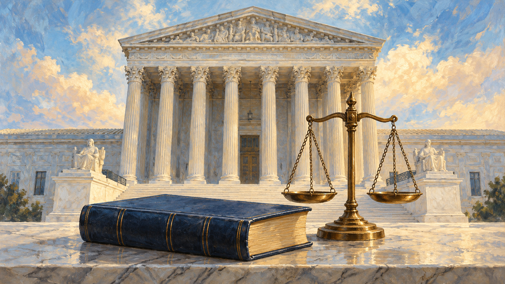 Editorial illustration of a law book and balanced scales before the U.S. Supreme Court.