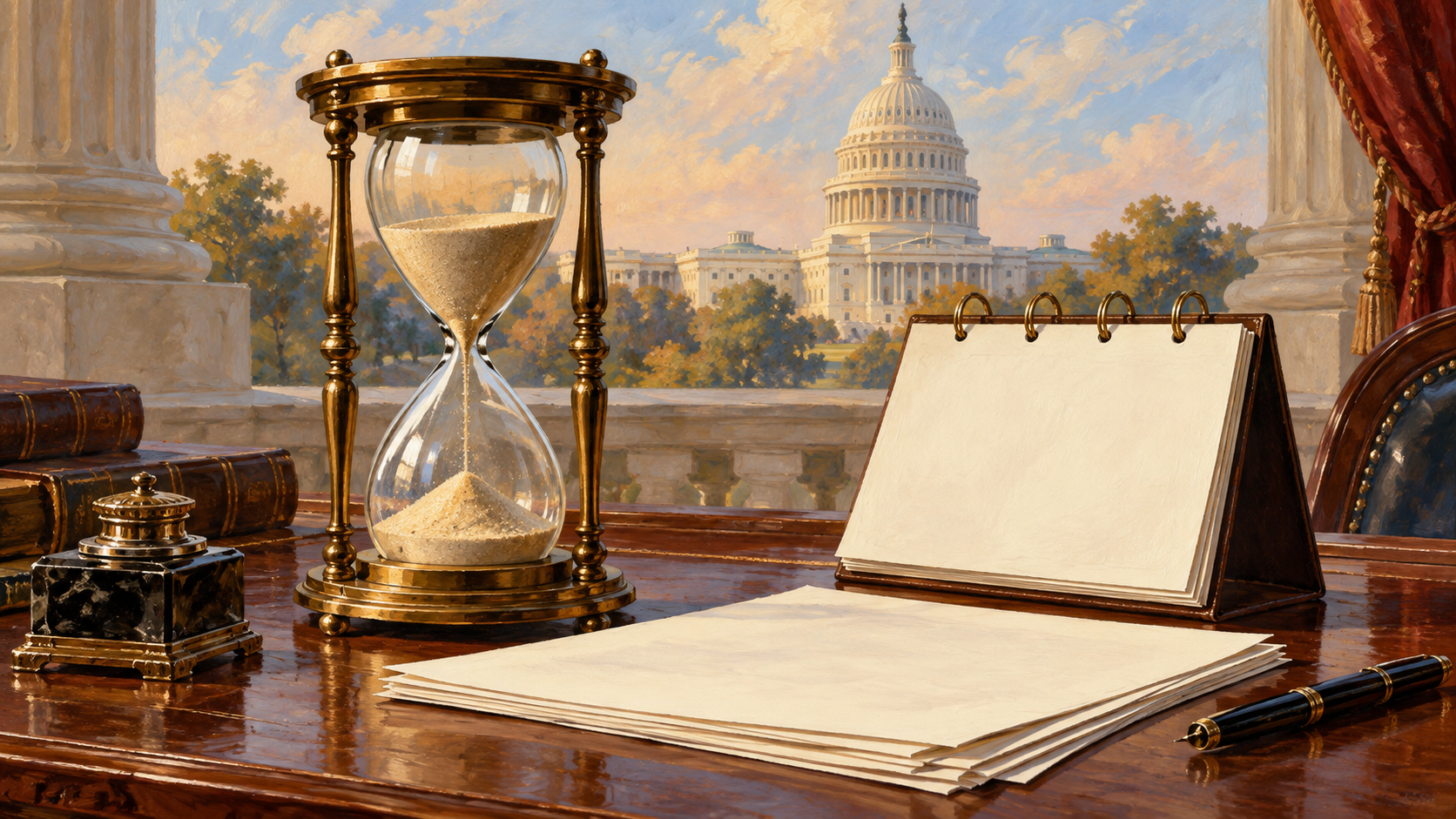 Editorial illustration of an hourglass, blank calendar and legal papers representing presidential transition timing.