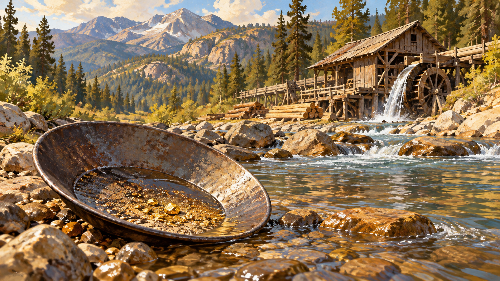 Editorial illustration of a gold pan beside a stream and timber sawmill in the California foothills.