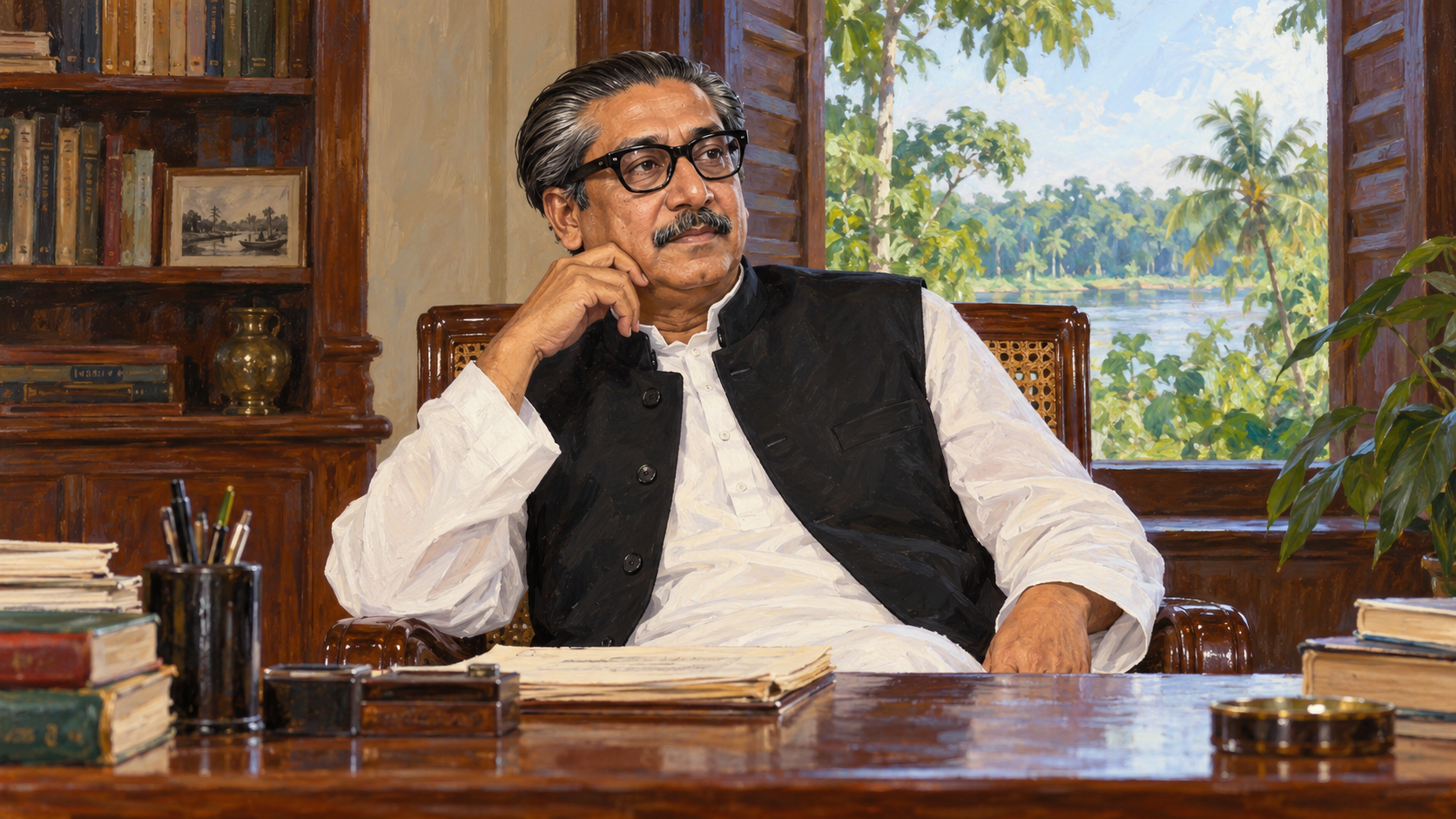 Editorial portrait of Sheikh Mujibur Rahman wearing glasses, a white kurta and a black waistcoat.