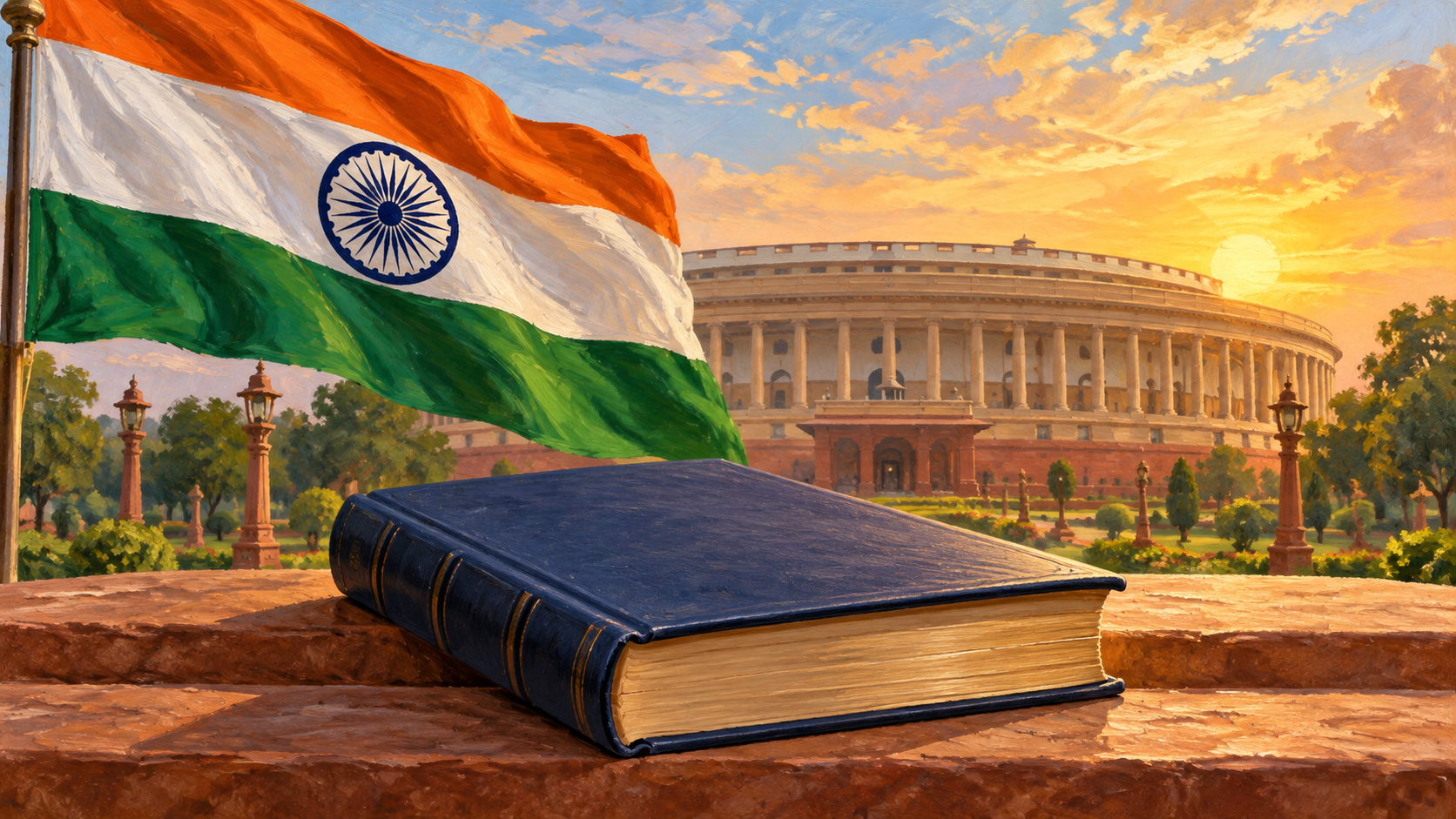 Editorial illustration of a constitutional volume, India’s tricolor and the historic Parliament building.