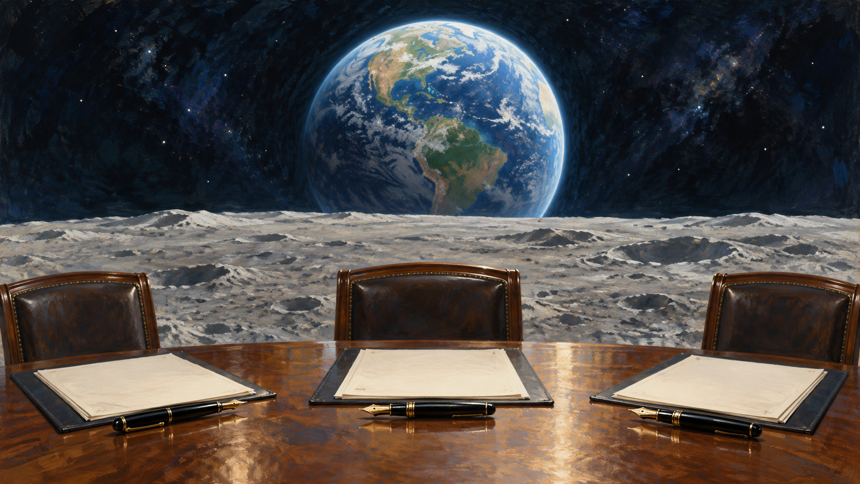 Editorial illustration combining treaty papers and pens with Earth above the Moon’s horizon.