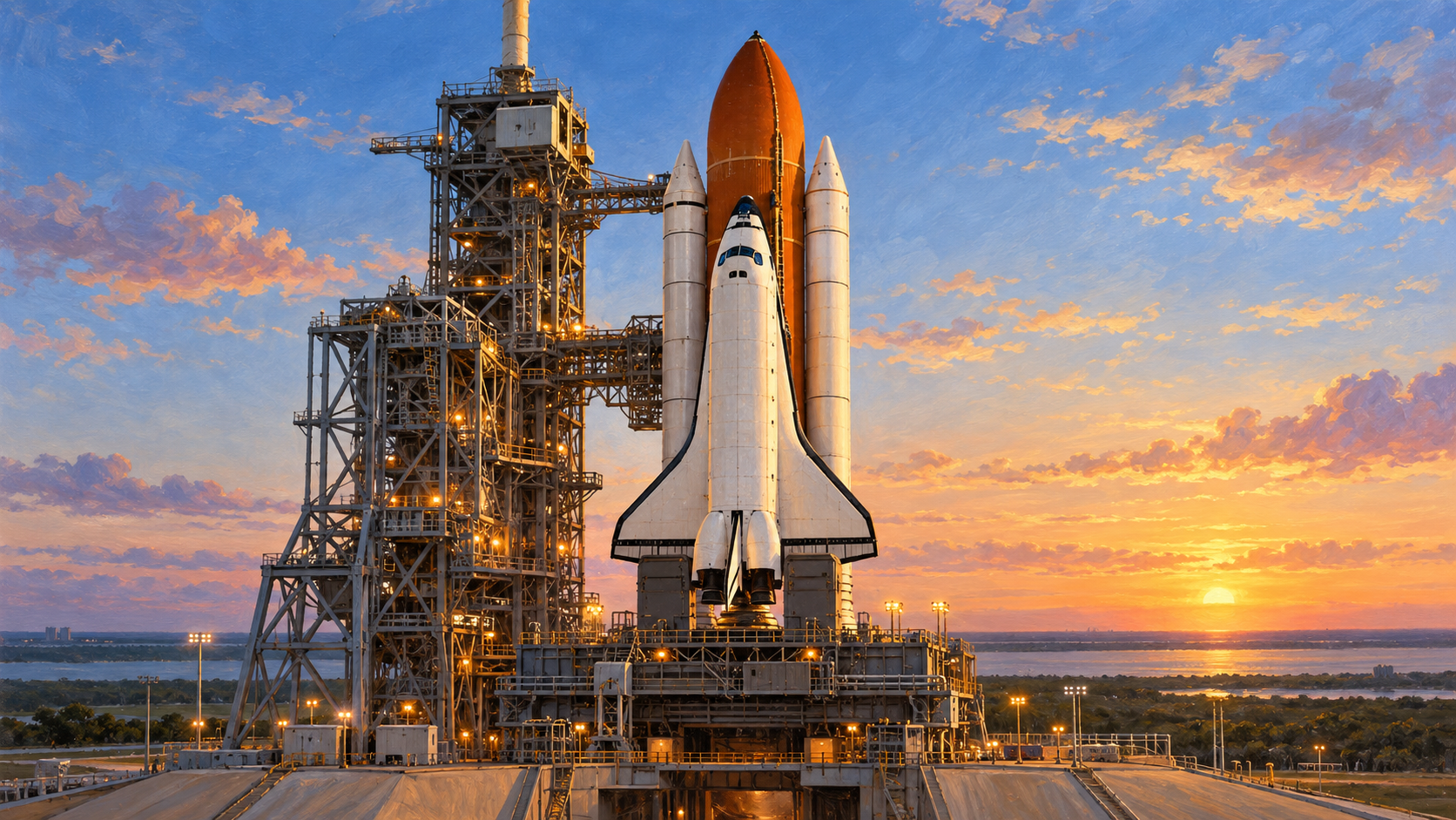 Editorial illustration of Space Shuttle Challenger intact on its launch pad at dawn.