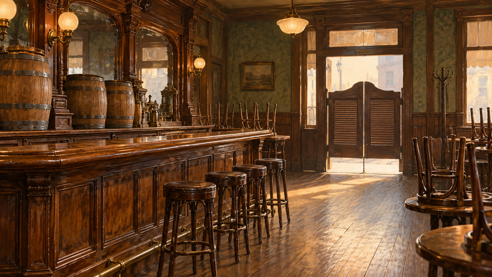Editorial illustration of an empty early twentieth-century saloon with closed doors and stacked chairs.