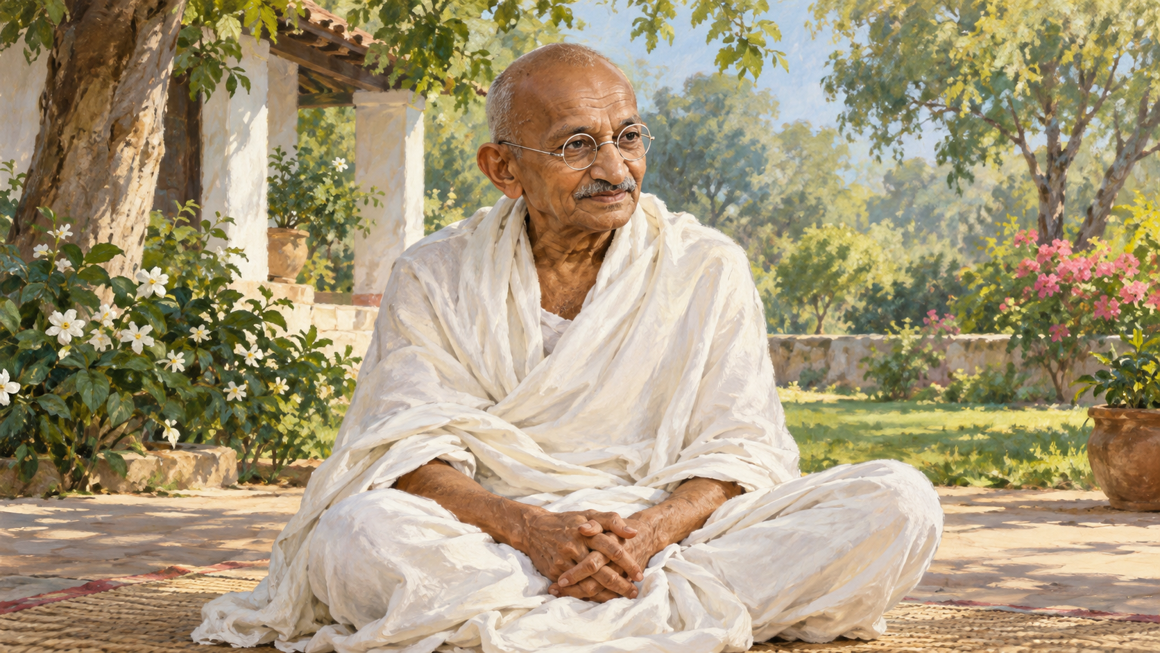 Editorial portrait of Mahatma Gandhi wearing round glasses and a white shawl in a peaceful garden.