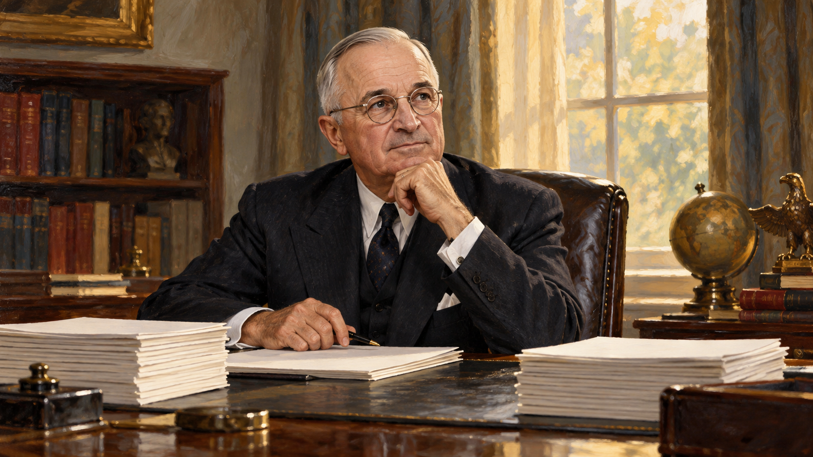 Editorial portrait of Harry S. Truman seated at a desk with budget papers representing the Fair Deal.