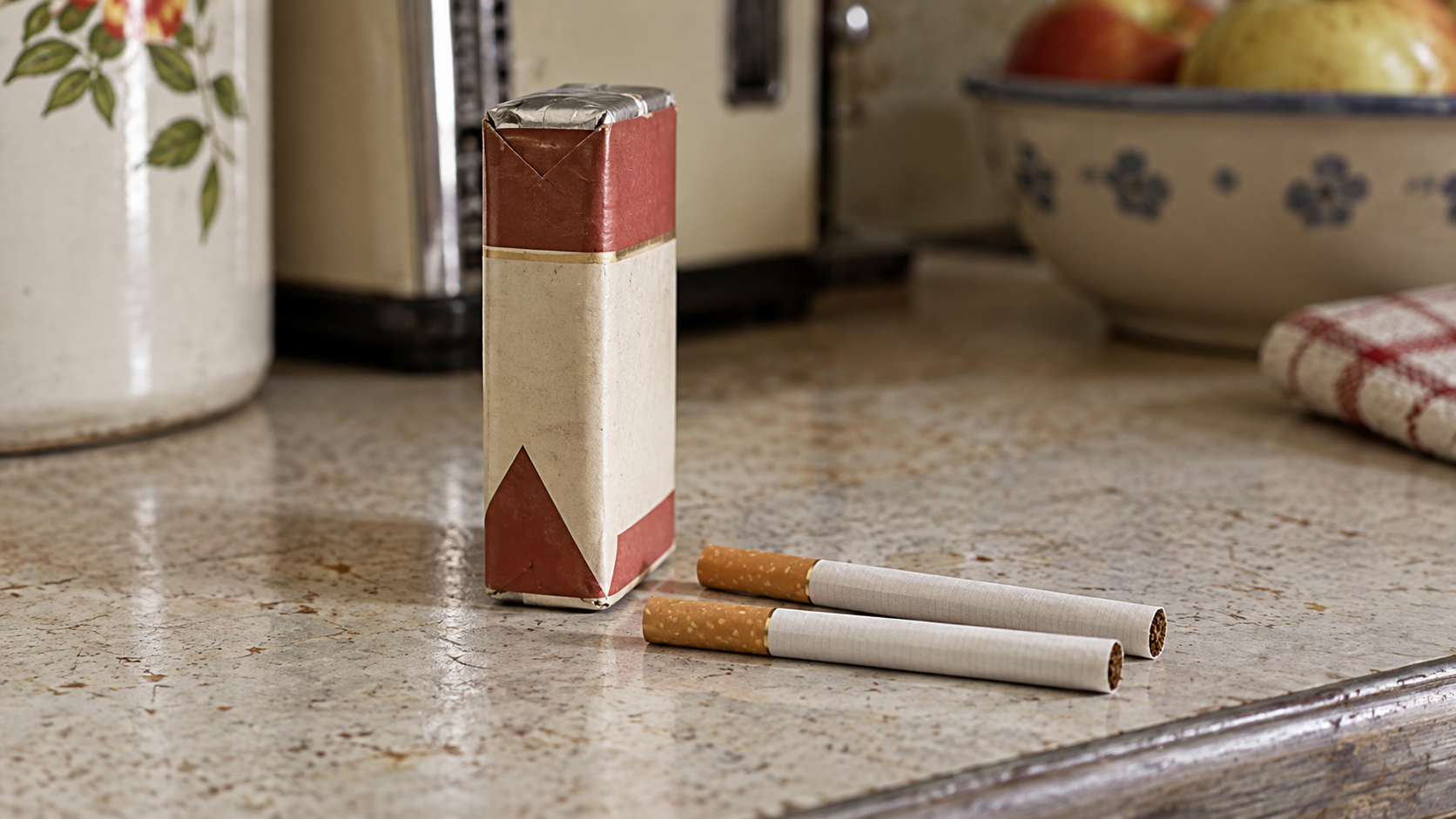 AI-generated reconstruction: Unbranded period cigarette pack and unlit cigarettes on a kitchen counter.