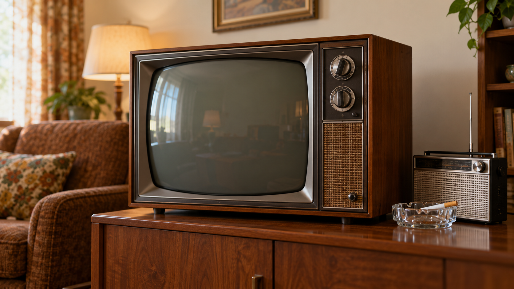 AI-generated reconstruction: Wooden CRT television, transistor radio and an ashtray in a period living room.