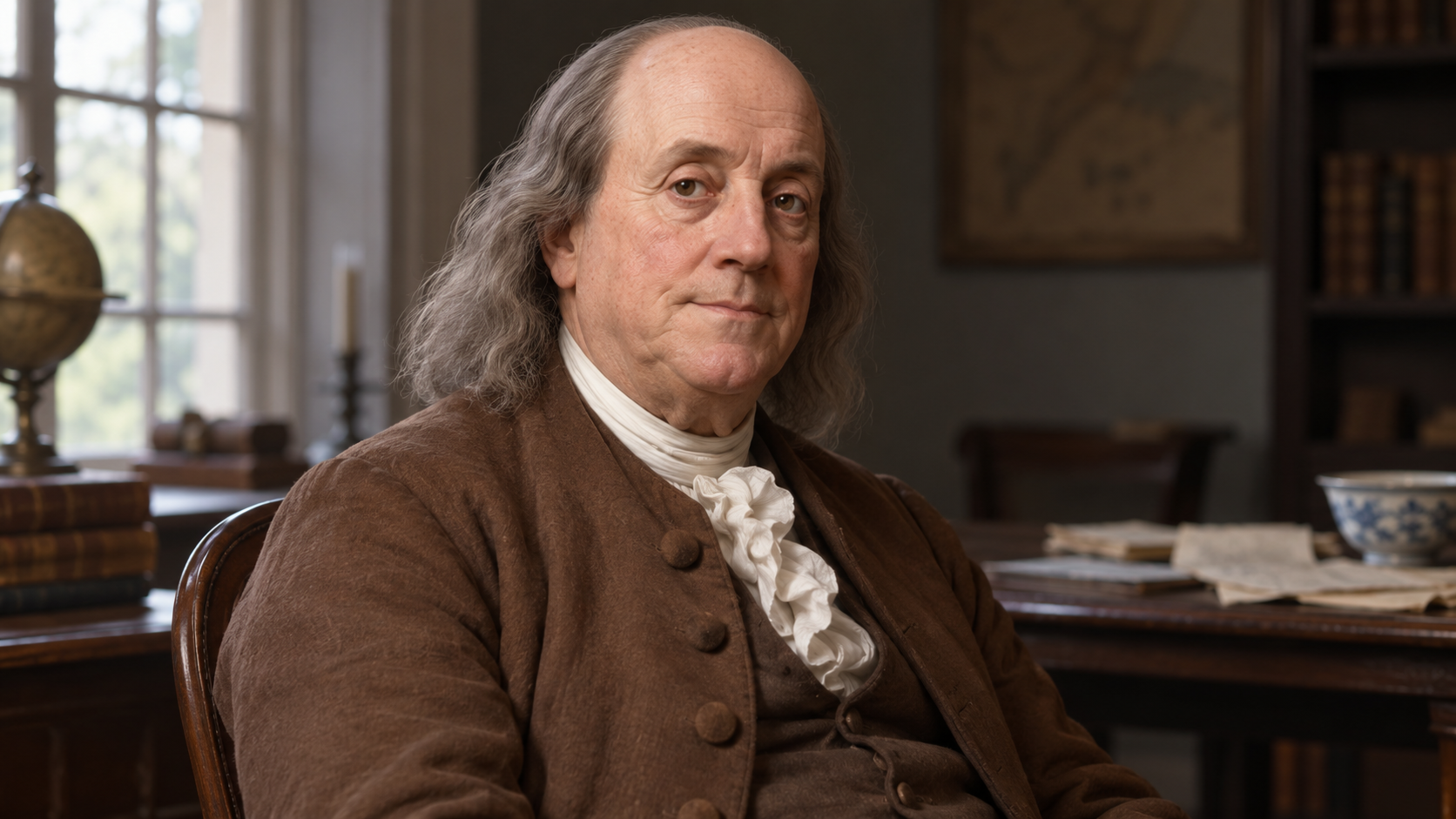 Benjamin Franklin seated in a colonial Philadelphia study.
