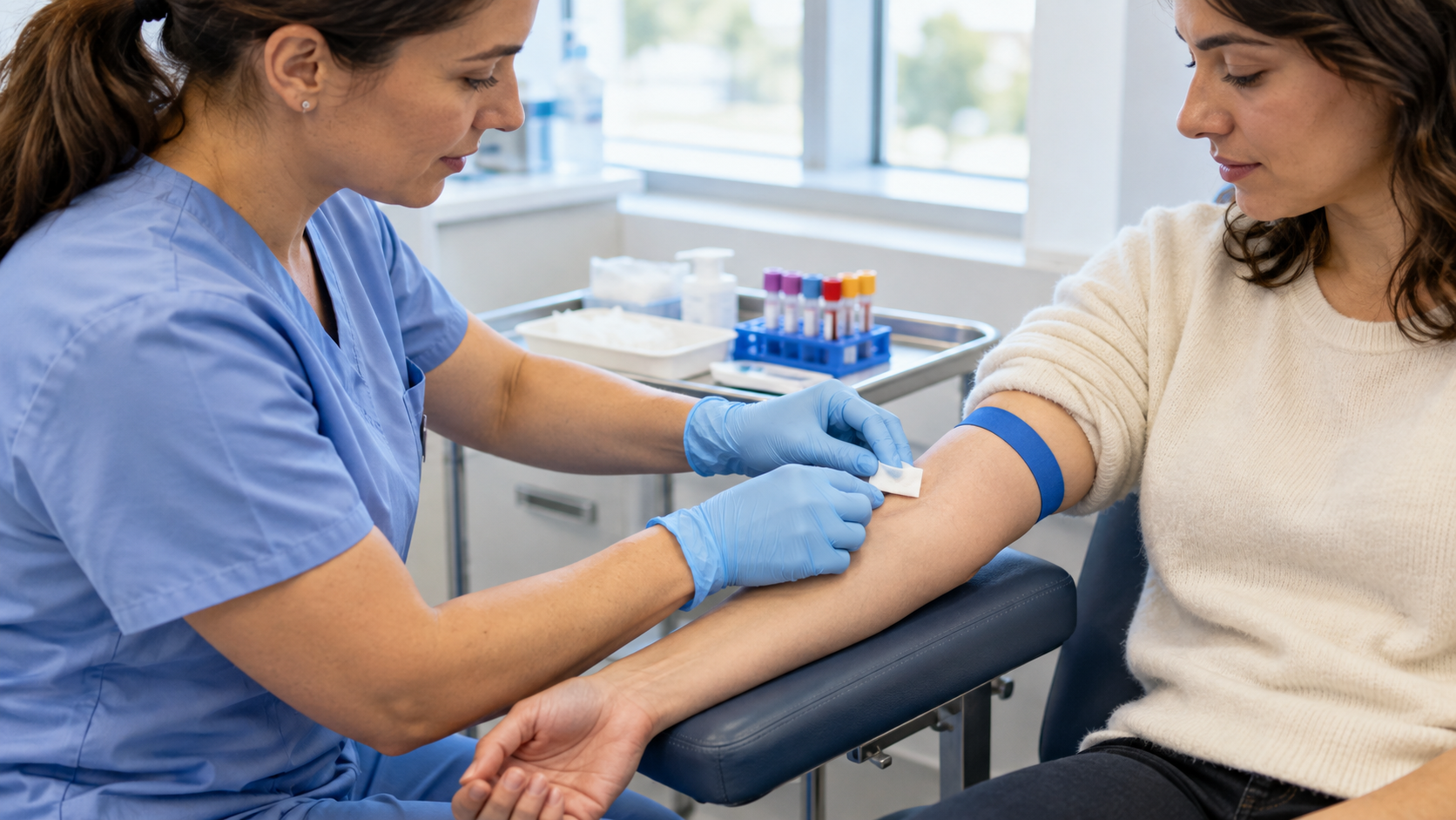 A clinician prepares an adult’s arm for a blood test.
