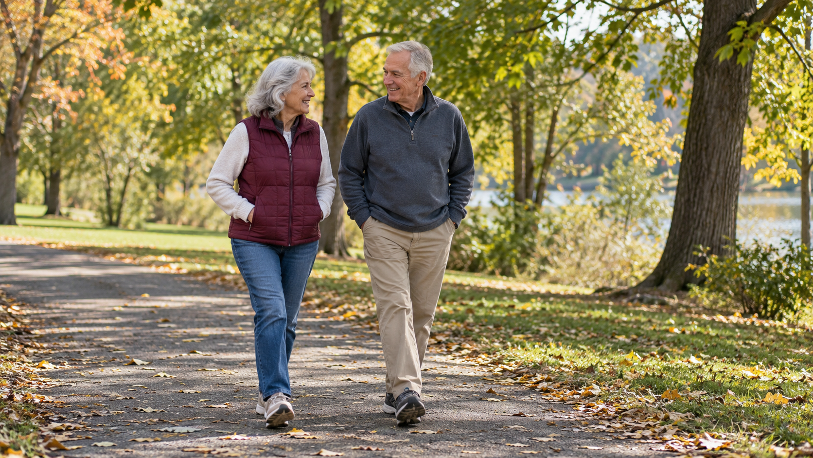 An older couple walks together in a green park.