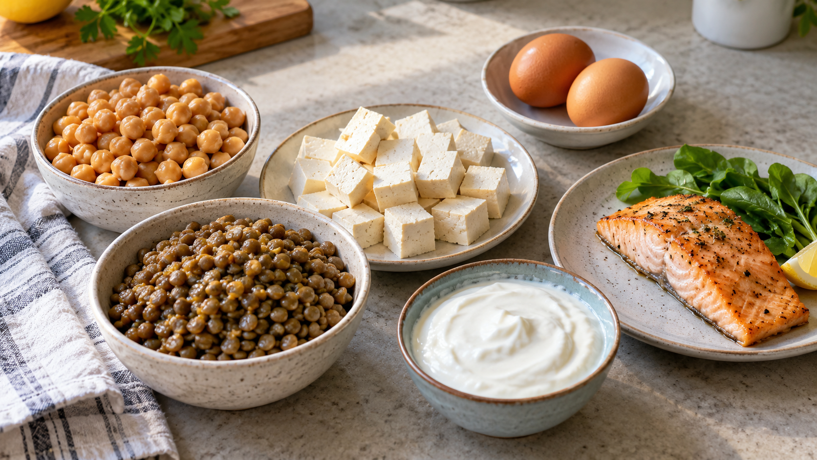 A selection of protein-rich foods arranged on a kitchen counter.