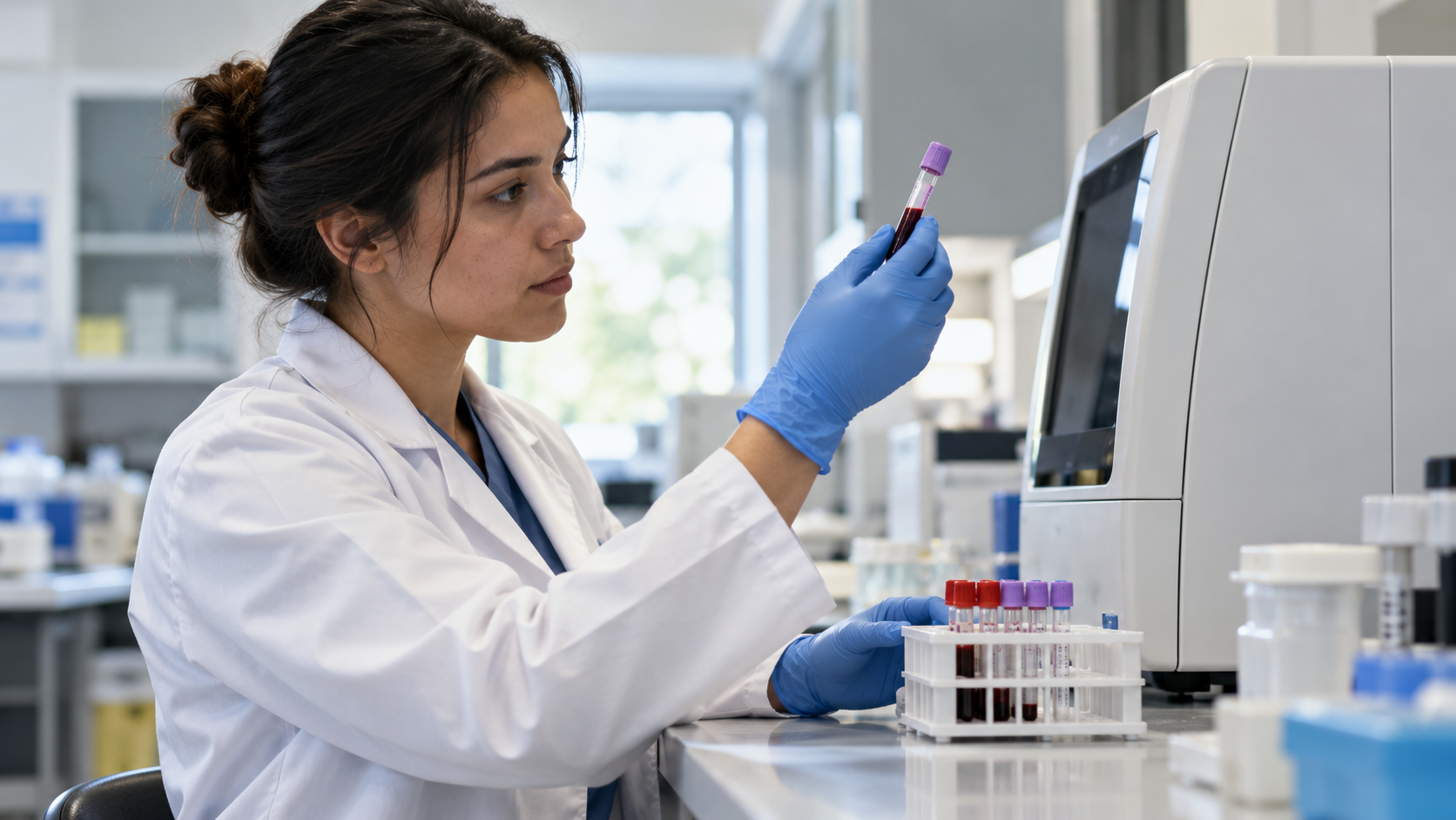 A laboratory technician handles a blood sample near an analyzer.