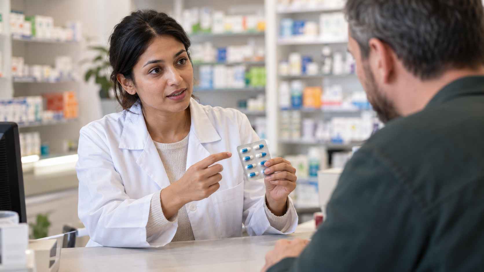 A pharmacist holds a plain capsule blister pack.