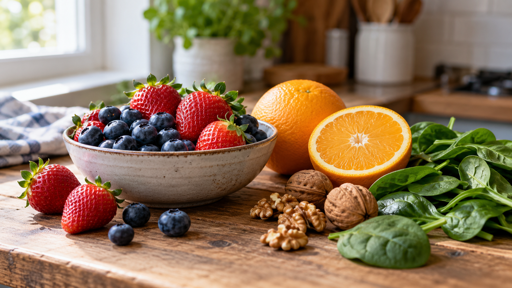 Fruit, nuts and leafy vegetables arranged on a table.