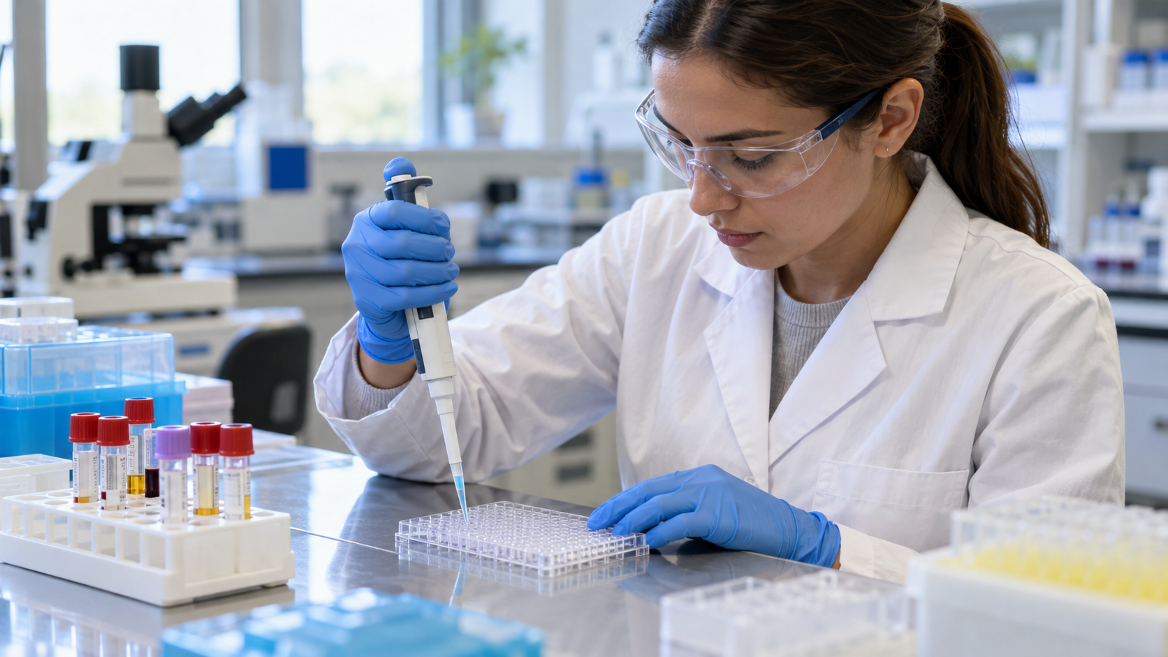 A laboratory worker uses a pipette over an assay plate.