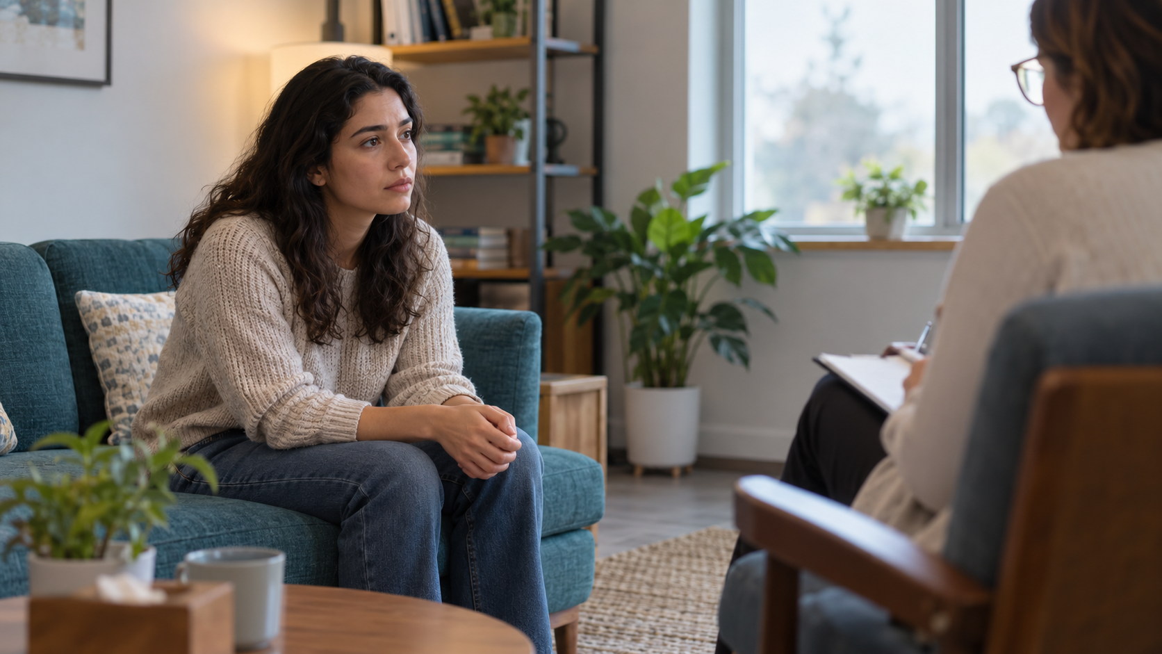 A client and therapist talk in a quiet consultation room.