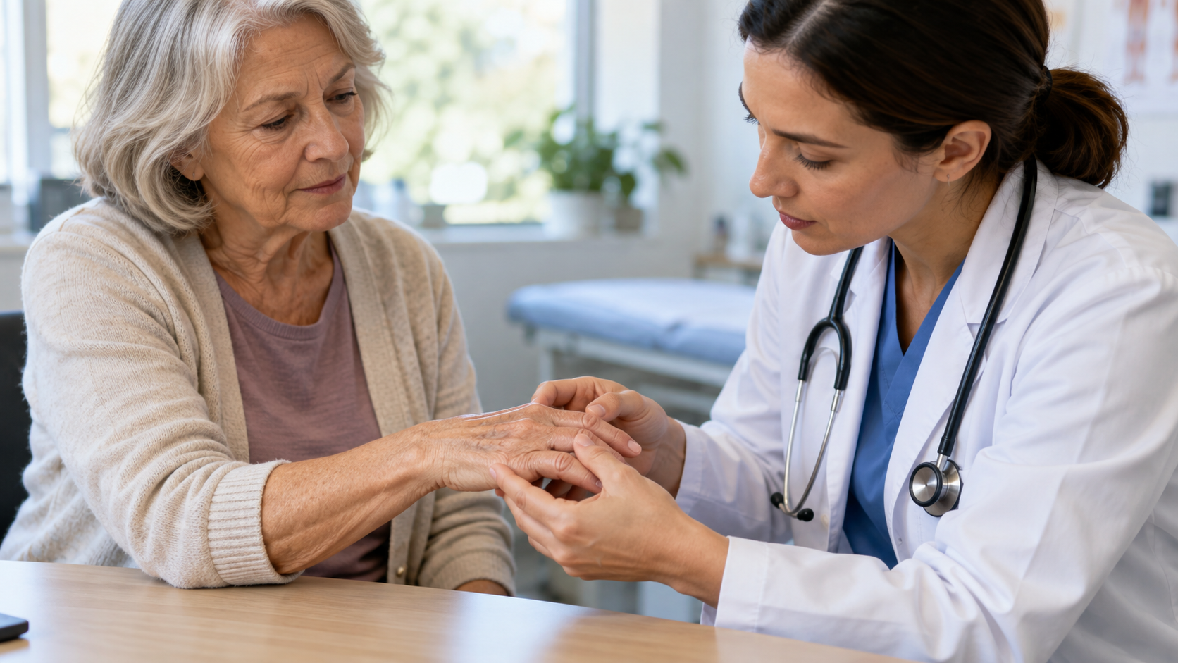 A clinician examines a patient’s hand joints.