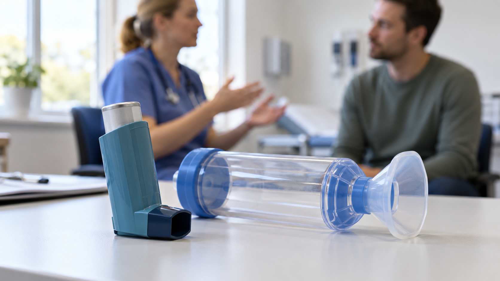 An inhaler and spacer rest on a table during an asthma consultation.
