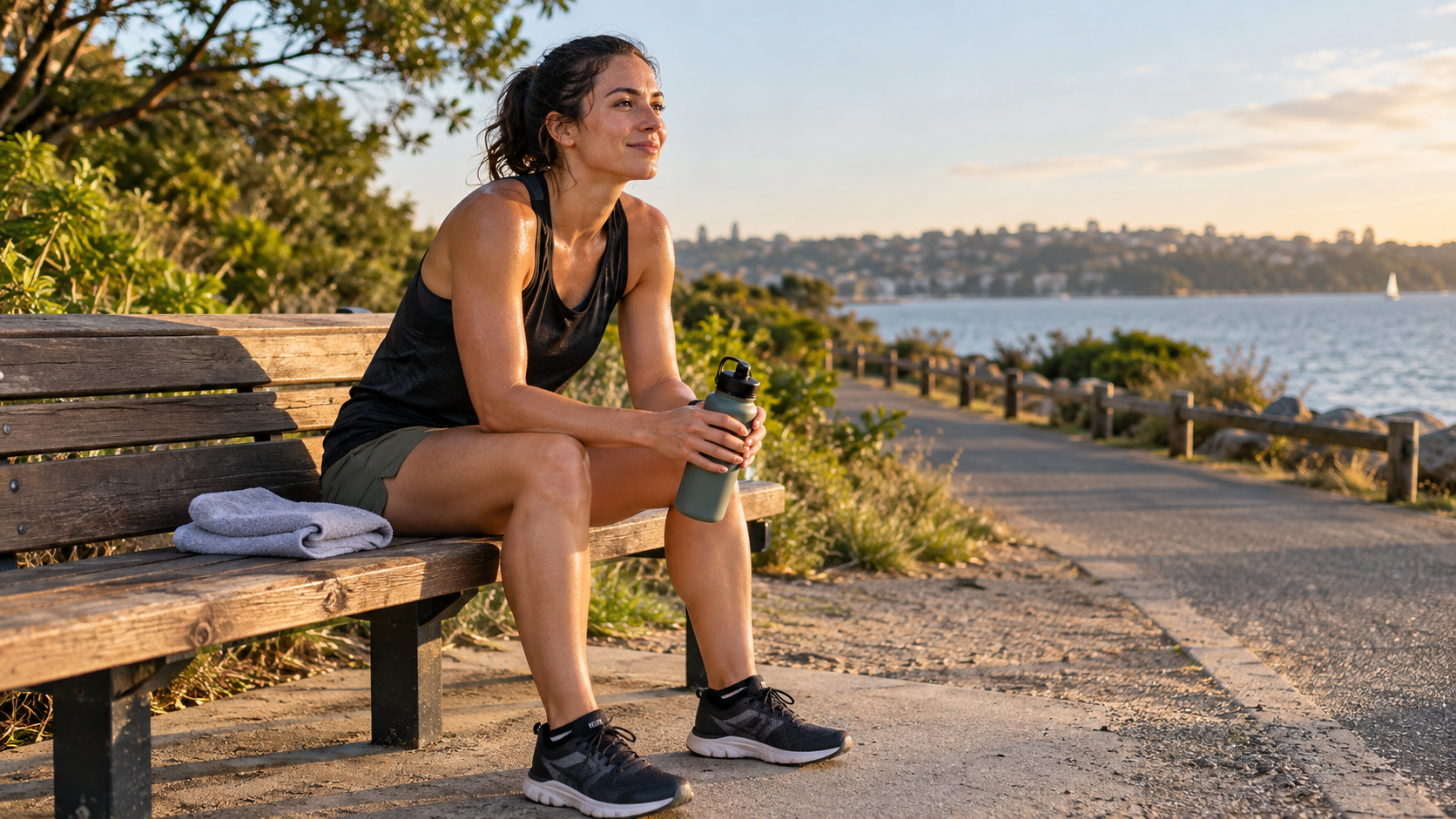 A runner rests on a bench with water after exercise.