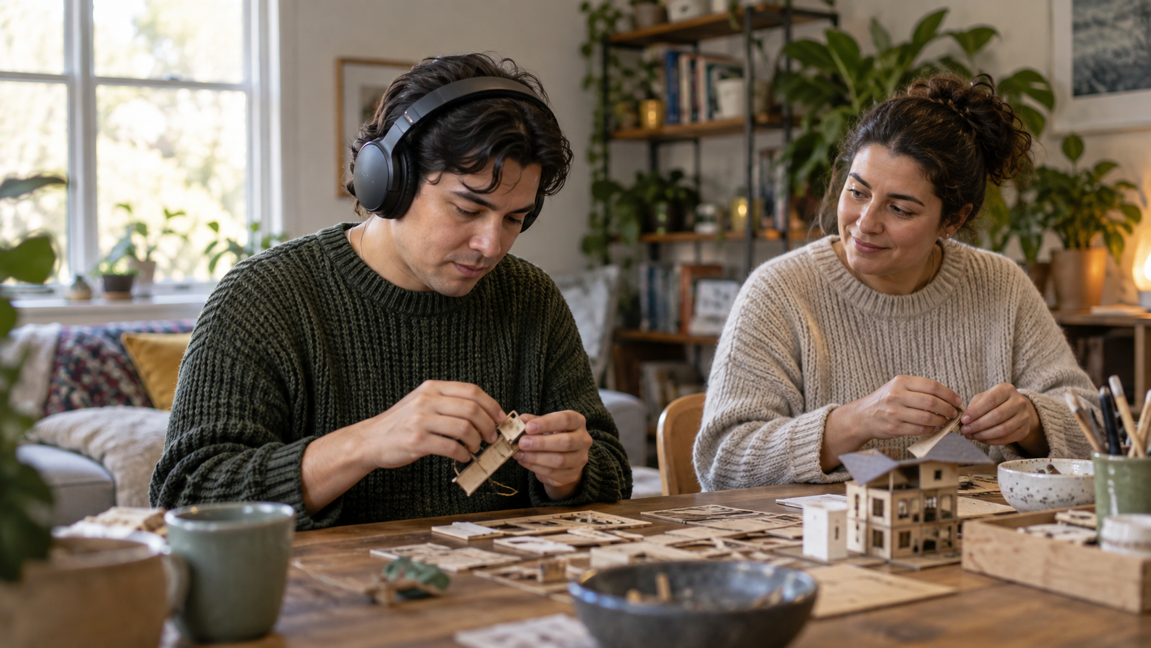 An adult wearing headphones works on a craft beside a companion.