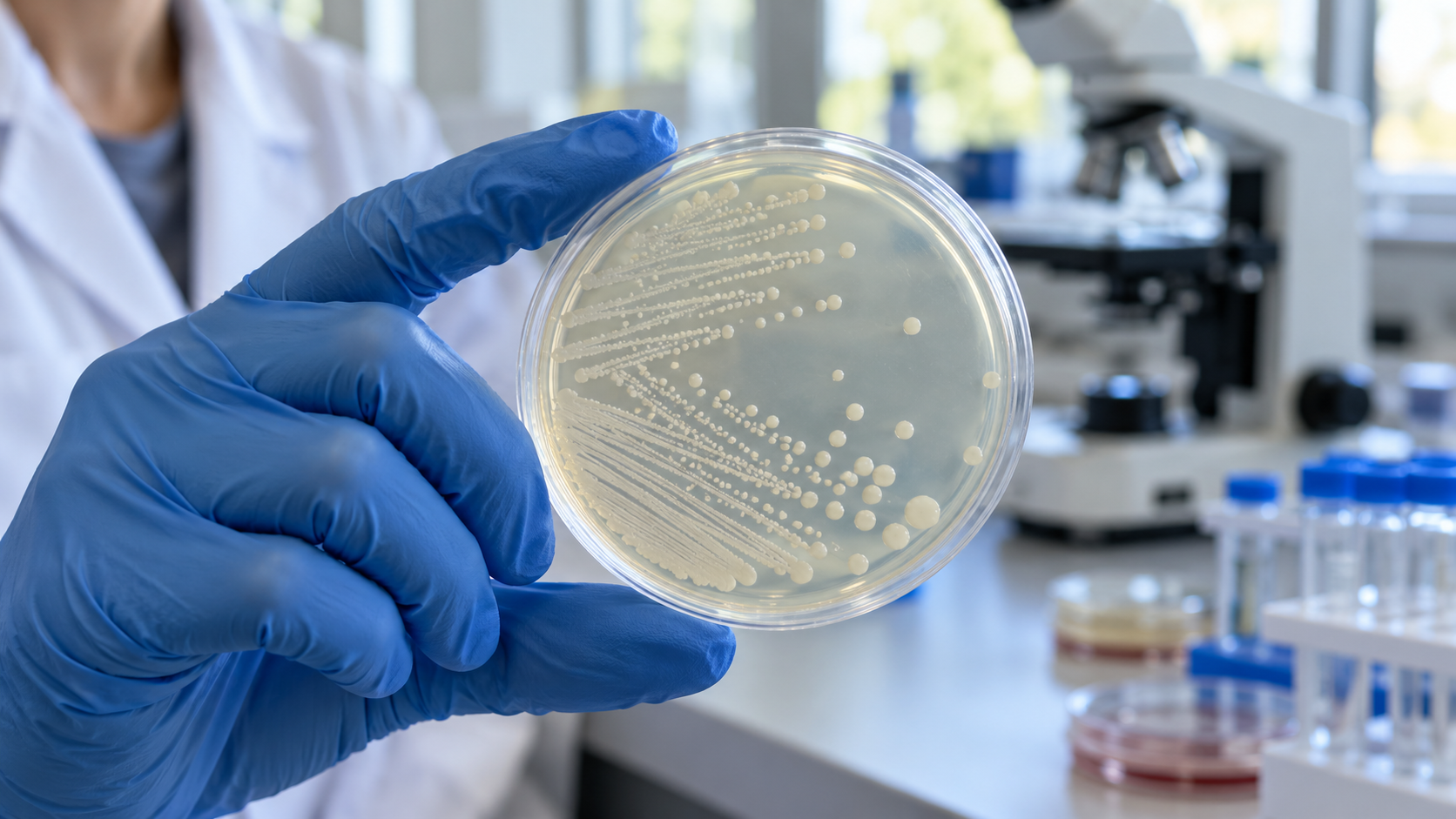 Closed laboratory dishes contain visible bacterial colonies.