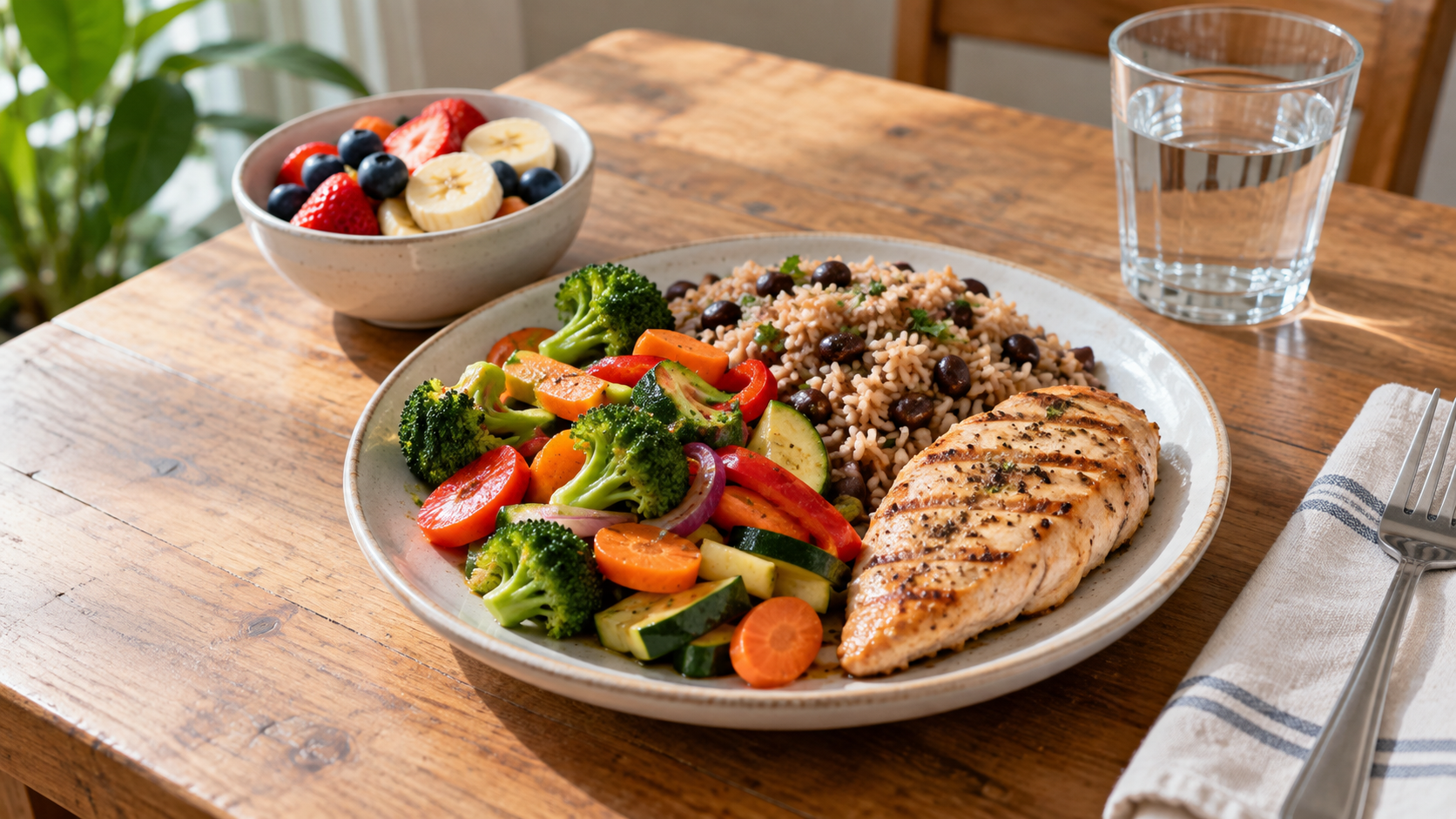 A balanced meal includes vegetables, protein and whole grains.
