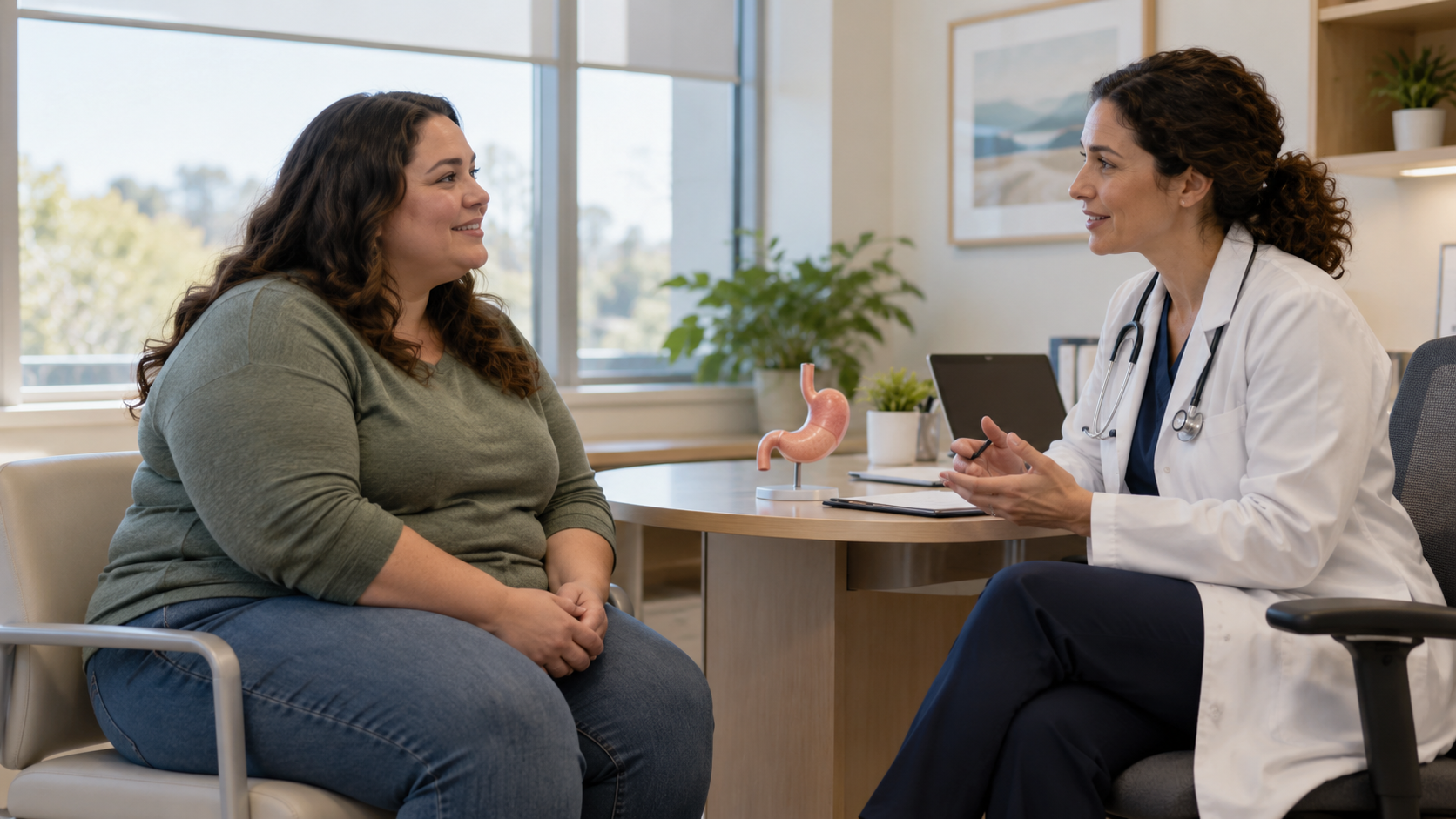A clinician discusses weight-management care with an adult.