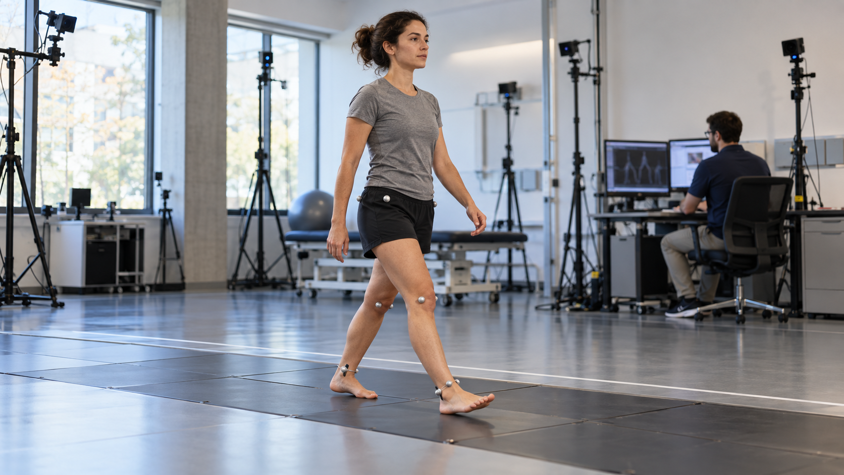An adult walks through a gait laboratory wearing motion markers.