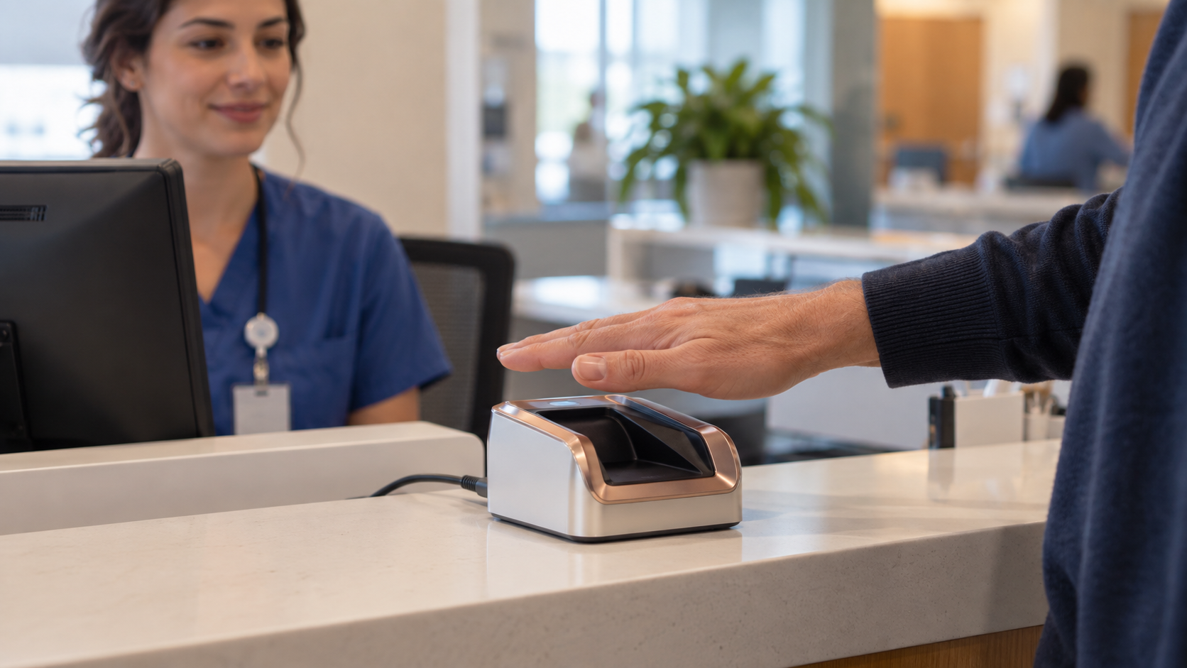 A patient holds a palm above a healthcare identity scanner.